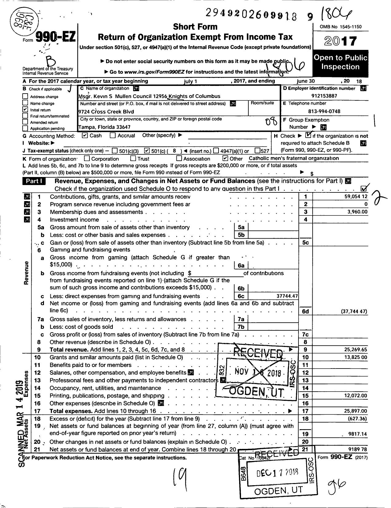 Image of first page of 2017 Form 990EO for Knights of Columbus - 12956 Monsignor Kevin S Mullen CNCL