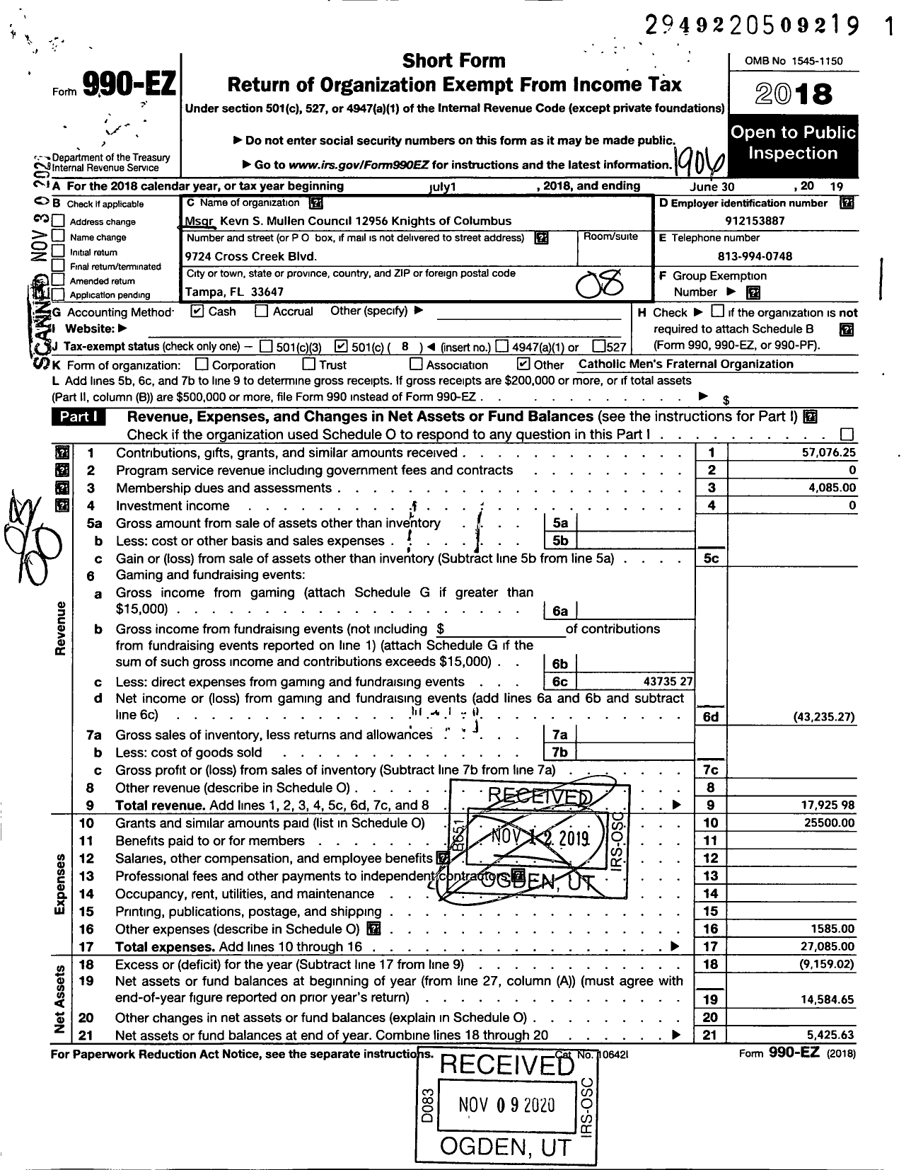 Image of first page of 2018 Form 990EO for Knights of Columbus - 12956 Monsignor Kevin S Mullen CNCL