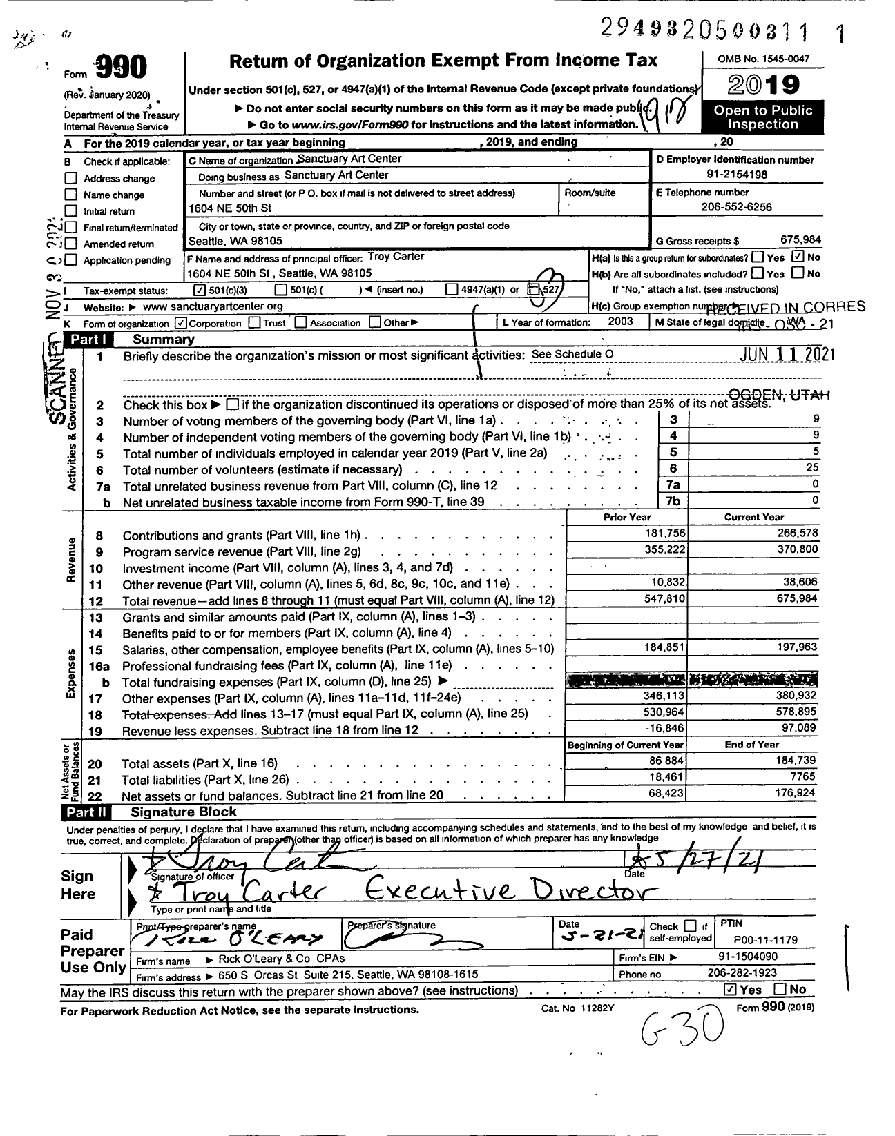 Image of first page of 2019 Form 990 for Sanctuary Art Center