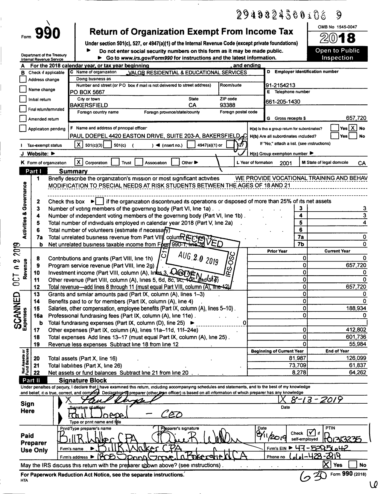 Image of first page of 2018 Form 990 for Valor Residential and Educational Services