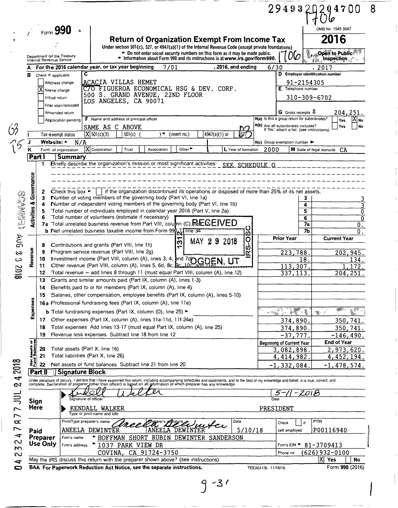 Image of first page of 2016 Form 990 for Acacia Villas Hemet