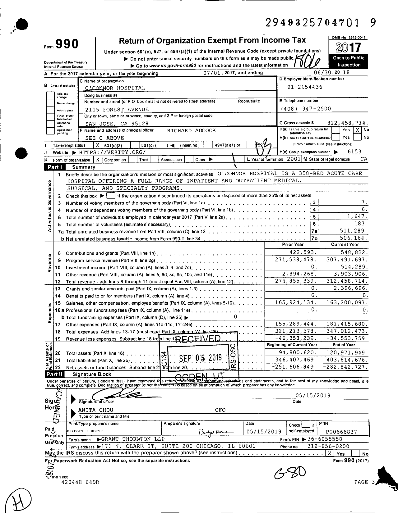 Image of first page of 2017 Form 990 for O'Connor Hospital Howard B Grobstein Liquidating Trustee