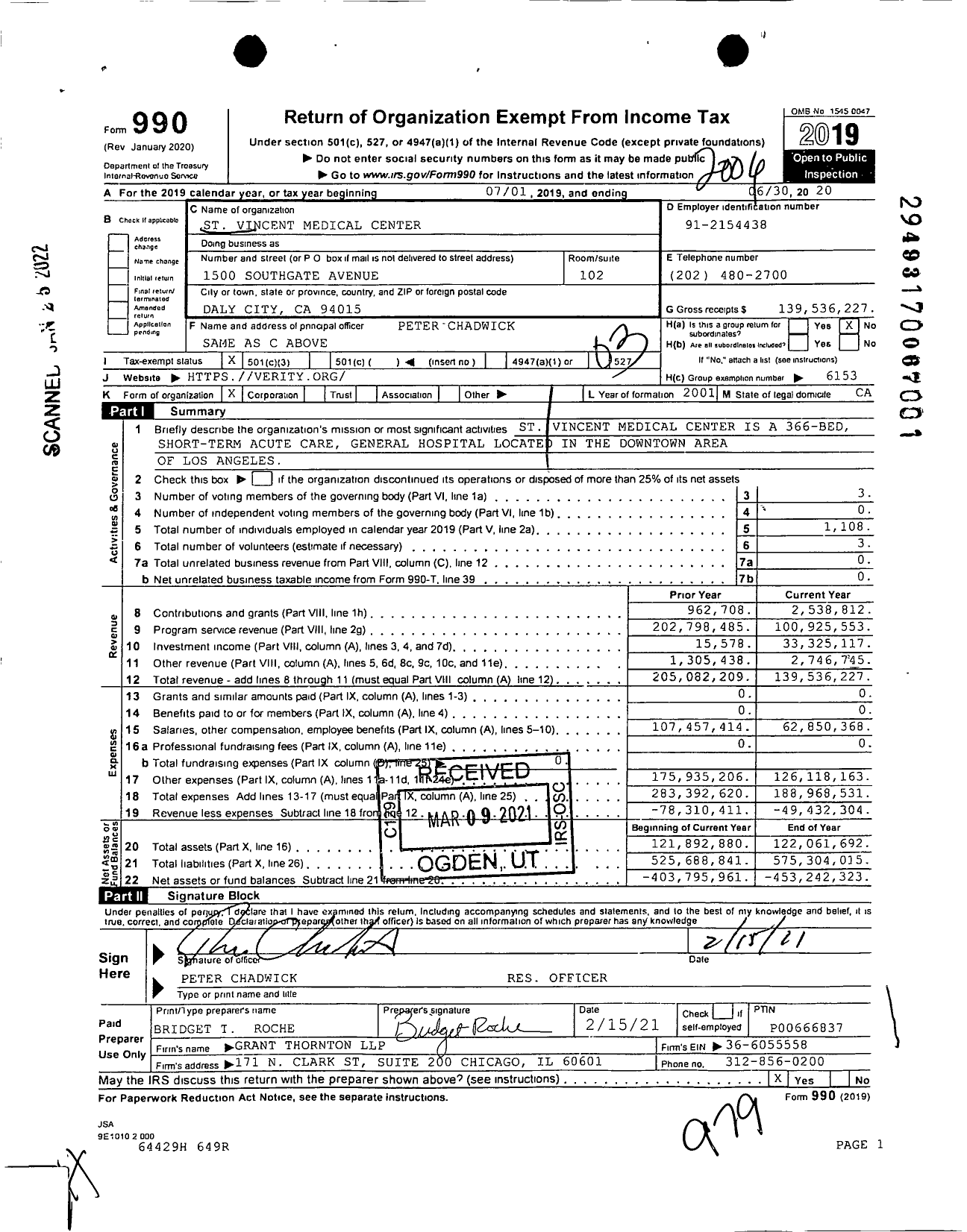 Image of first page of 2019 Form 990 for St Vincent Medical Center Howard B Grobstein Liquidating Trustee
