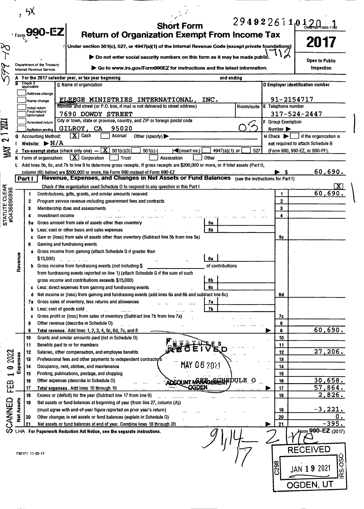 Image of first page of 2017 Form 990EZ for Fleege Ministries International