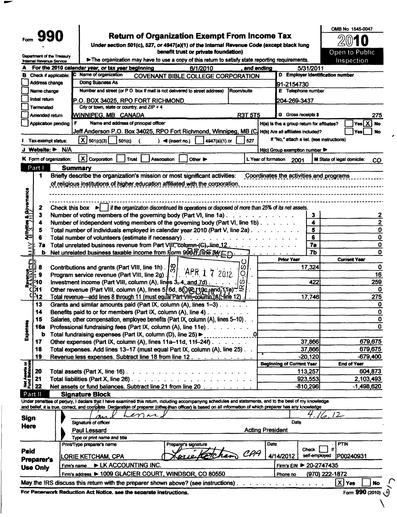 Image of first page of 2010 Form 990 for Covenant Bible College Corporation