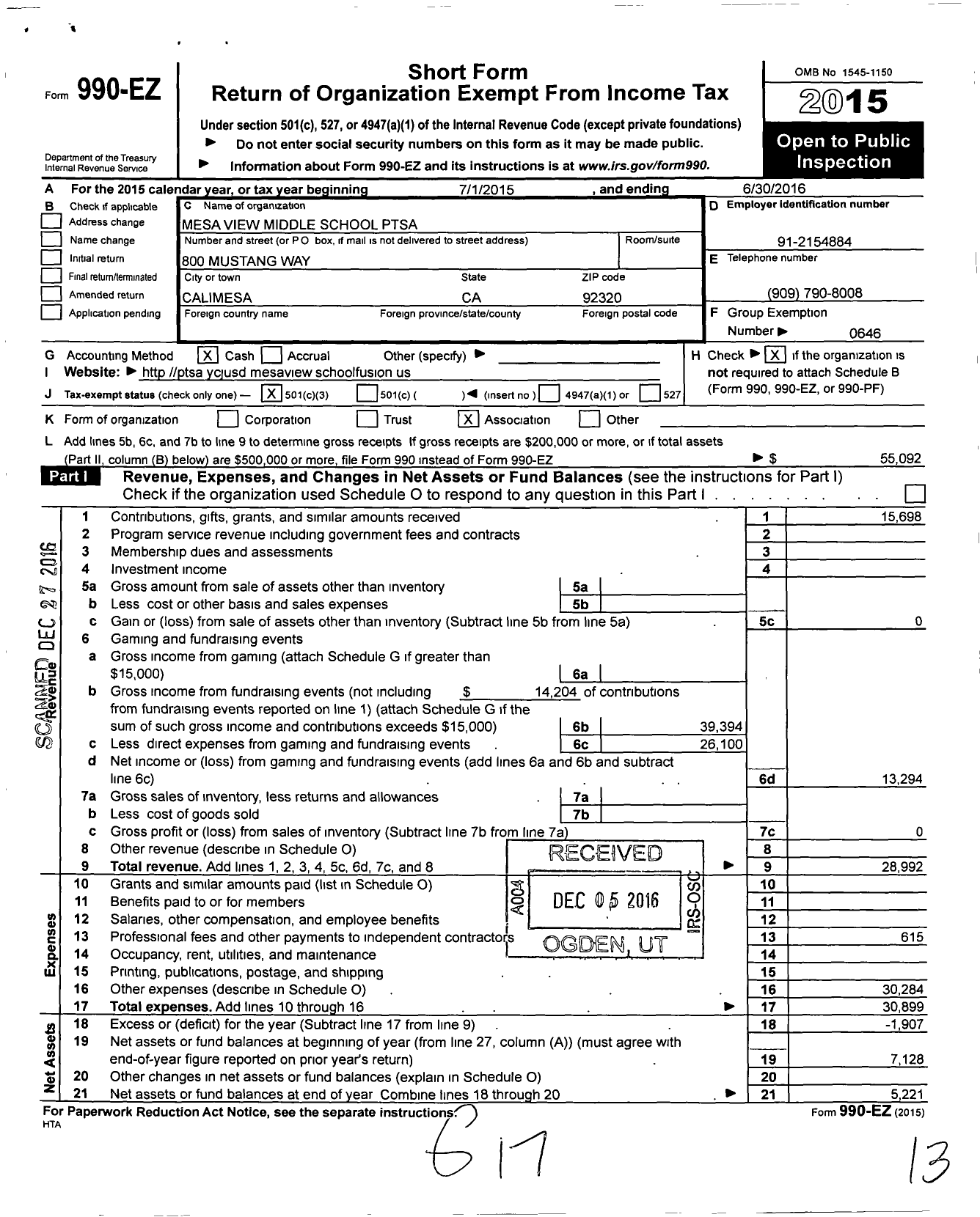 Image of first page of 2015 Form 990EZ for California State PTA - Mesa View Middle School Ptsa