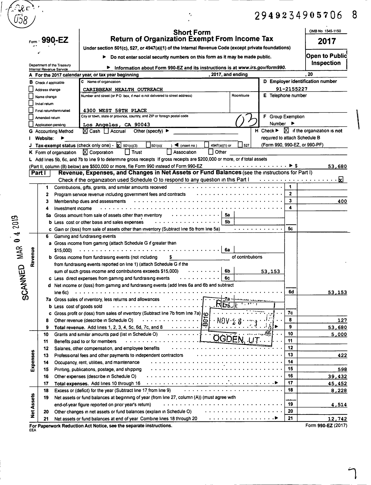 Image of first page of 2017 Form 990EZ for Caribbean Health Outreach