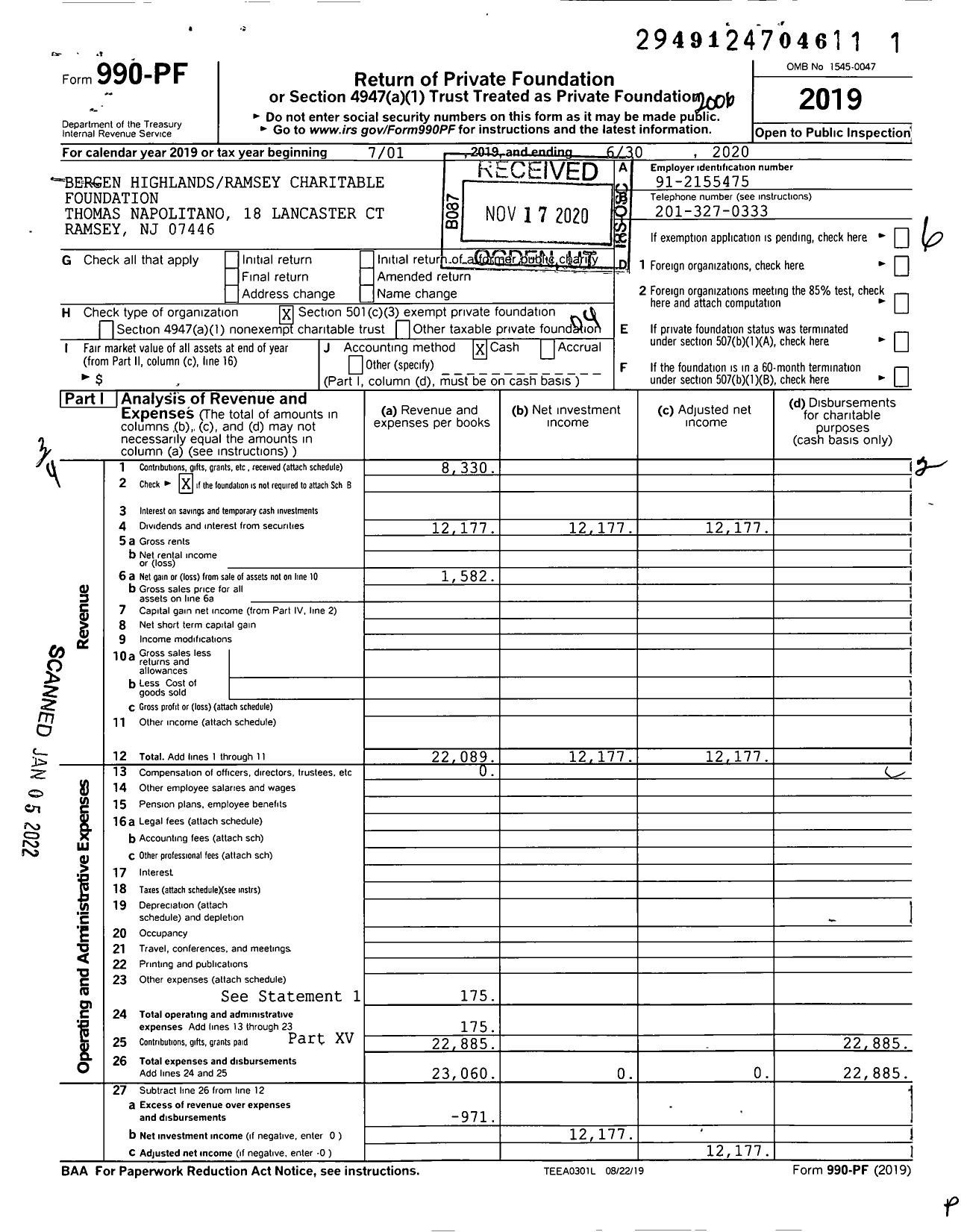 Image of first page of 2019 Form 990PF for Bergen Highlandsramsey Charitable Foundation