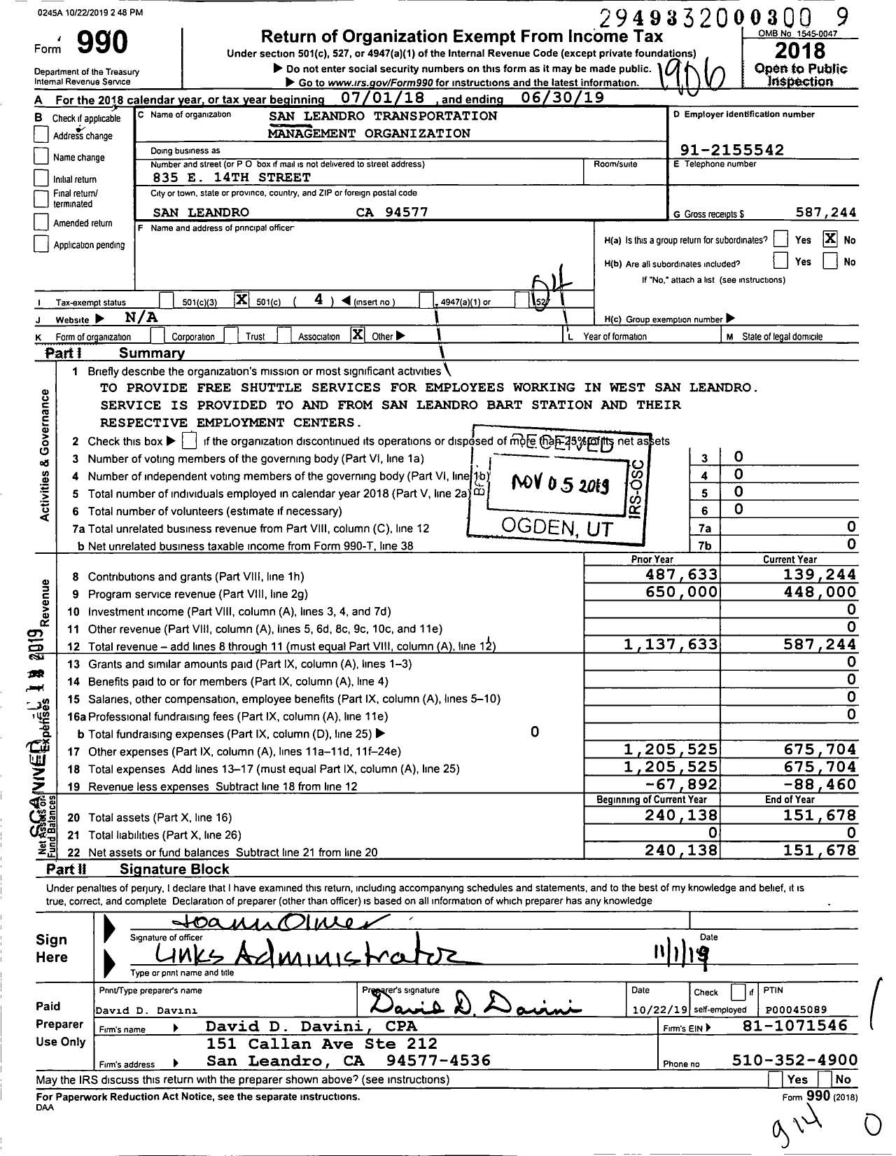 Image of first page of 2018 Form 990O for San Leandro Transportation Management Organization