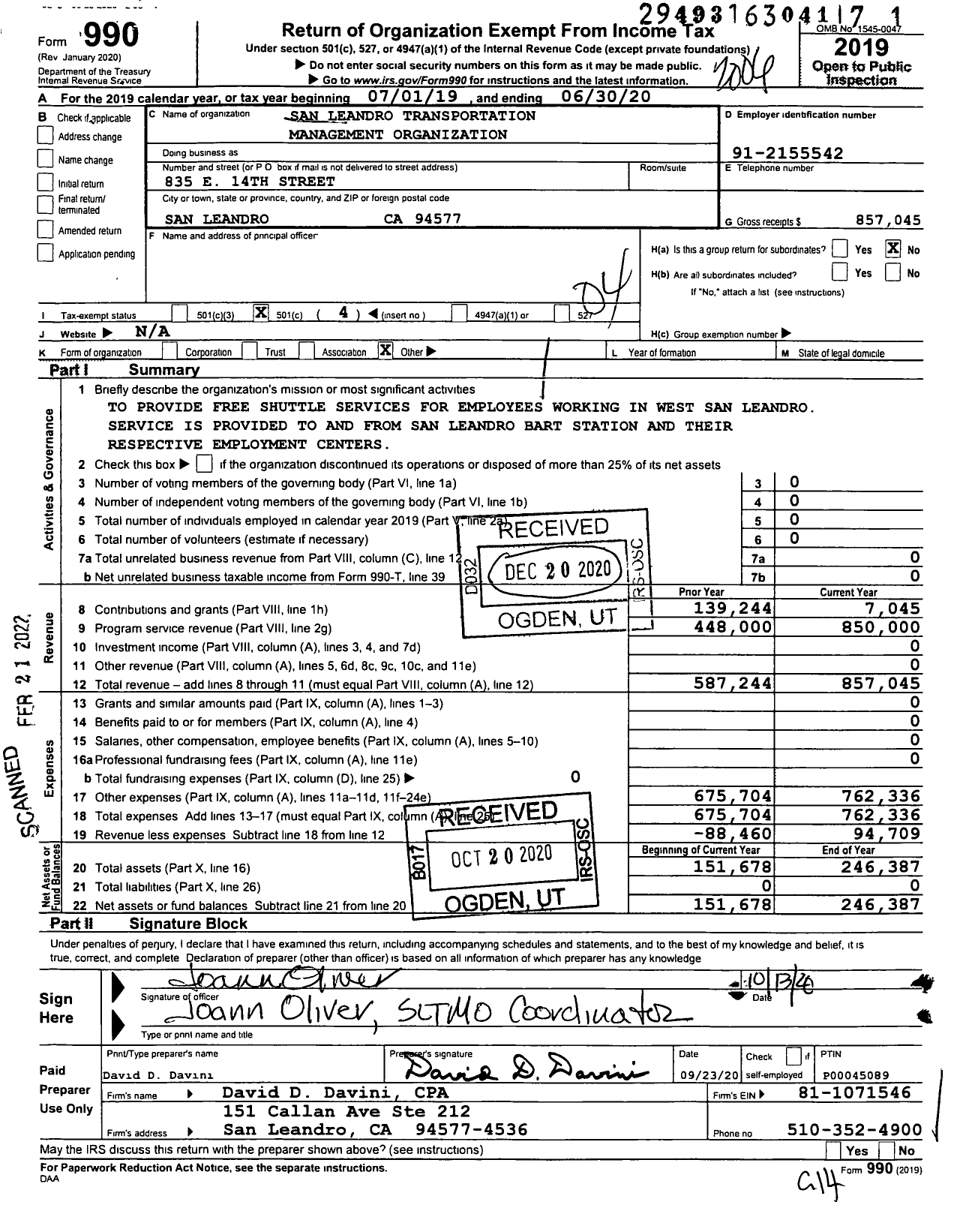 Image of first page of 2019 Form 990O for San Leandro Transportation Management Organization