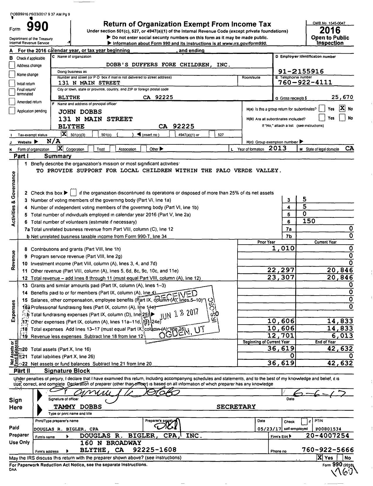 Image of first page of 2016 Form 990 for Dobbs Duffers Fore Children