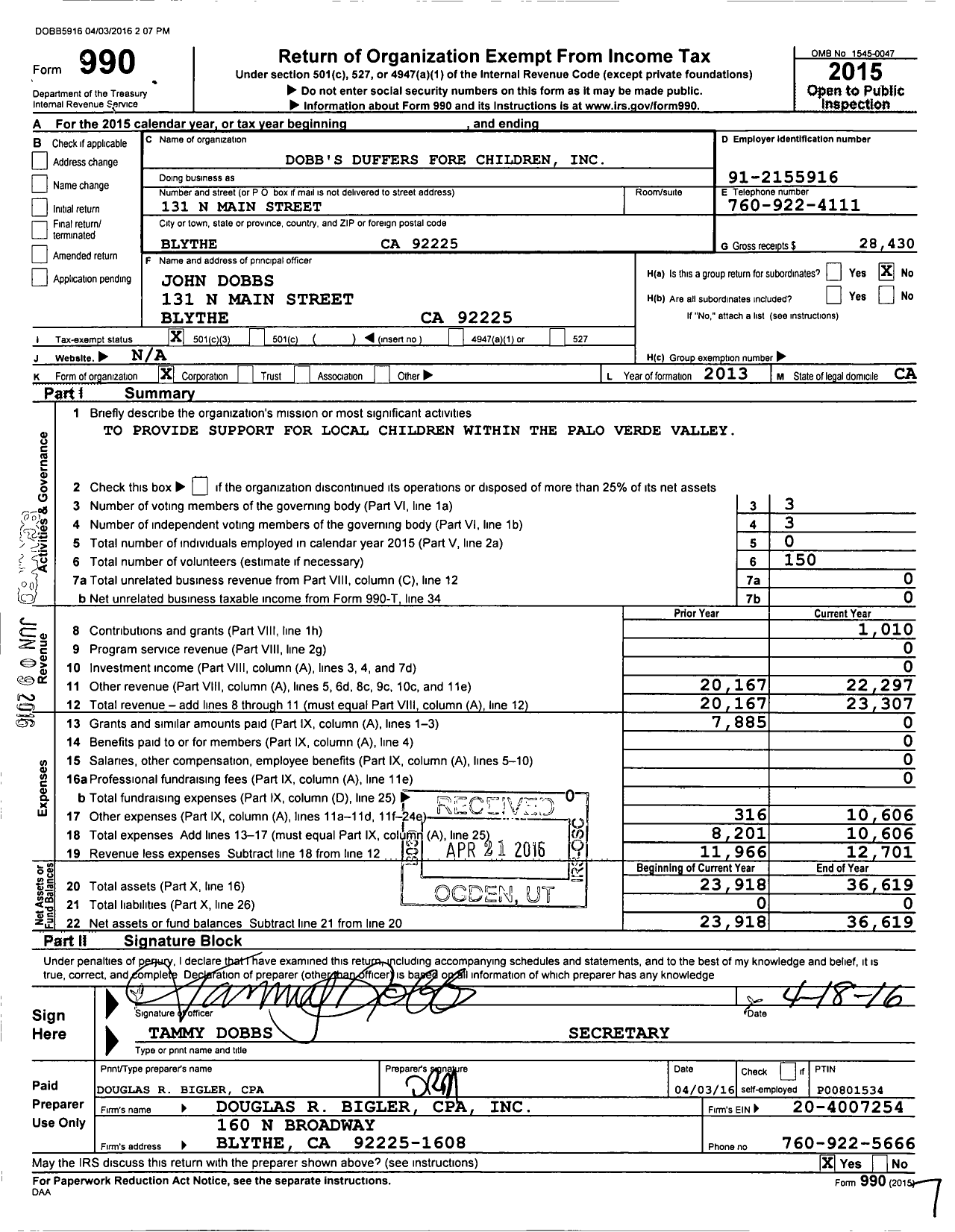 Image of first page of 2015 Form 990 for Dobbs Duffers Fore Children