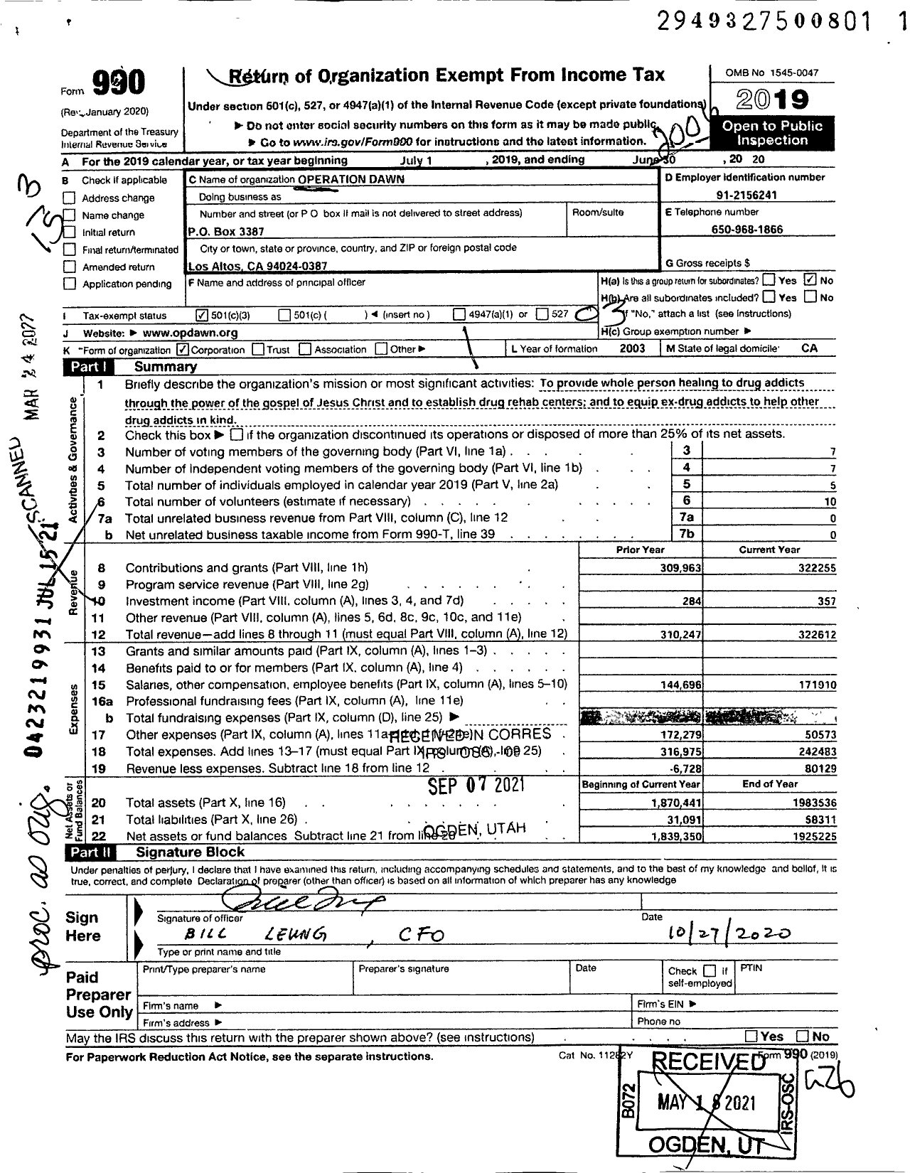 Image of first page of 2019 Form 990 for Operation Dawn