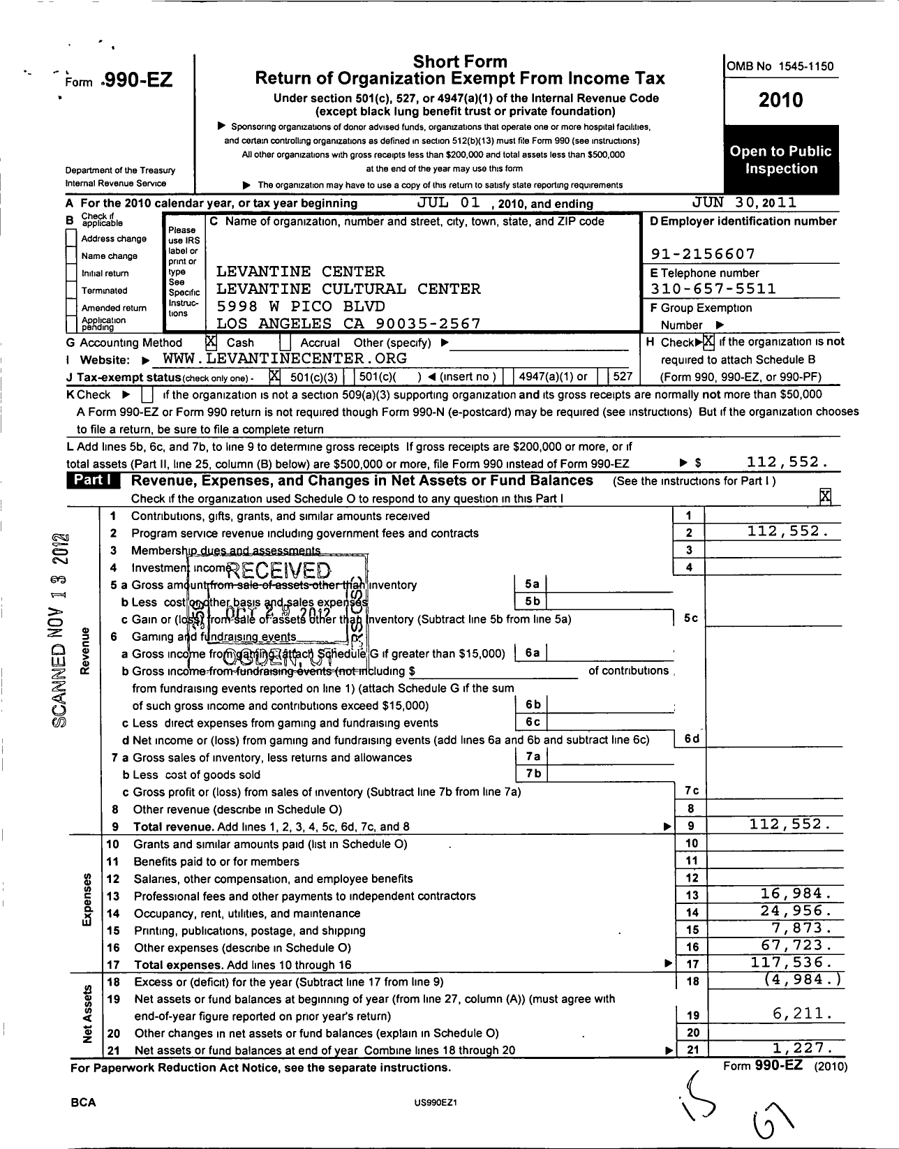 Image of first page of 2010 Form 990EZ for Levantine Center Levantine Cultural Center