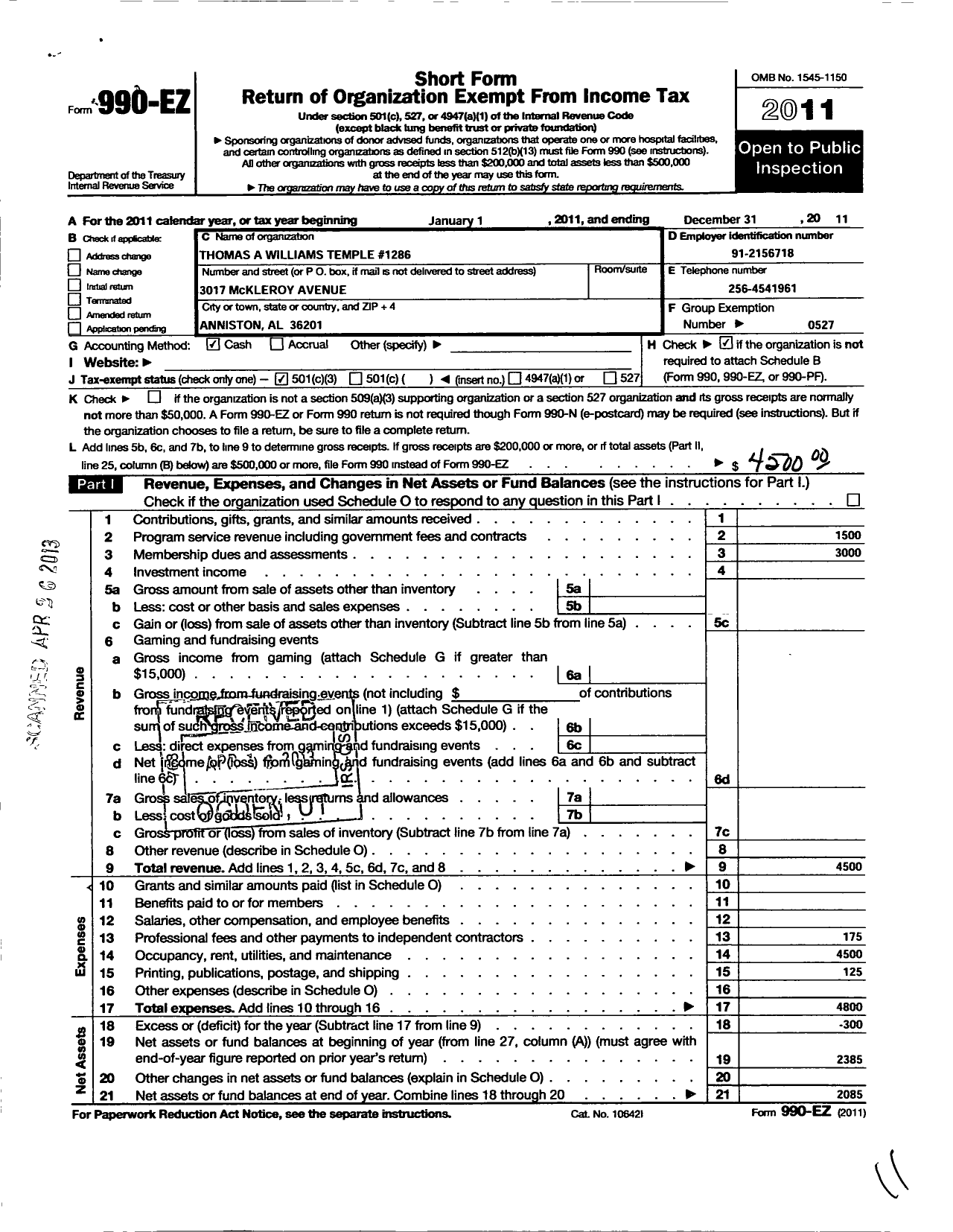 Image of first page of 2011 Form 990EZ for Improved Benevolent and Protective Order of Elks of the World - 1286 Tommie A Williams Temple