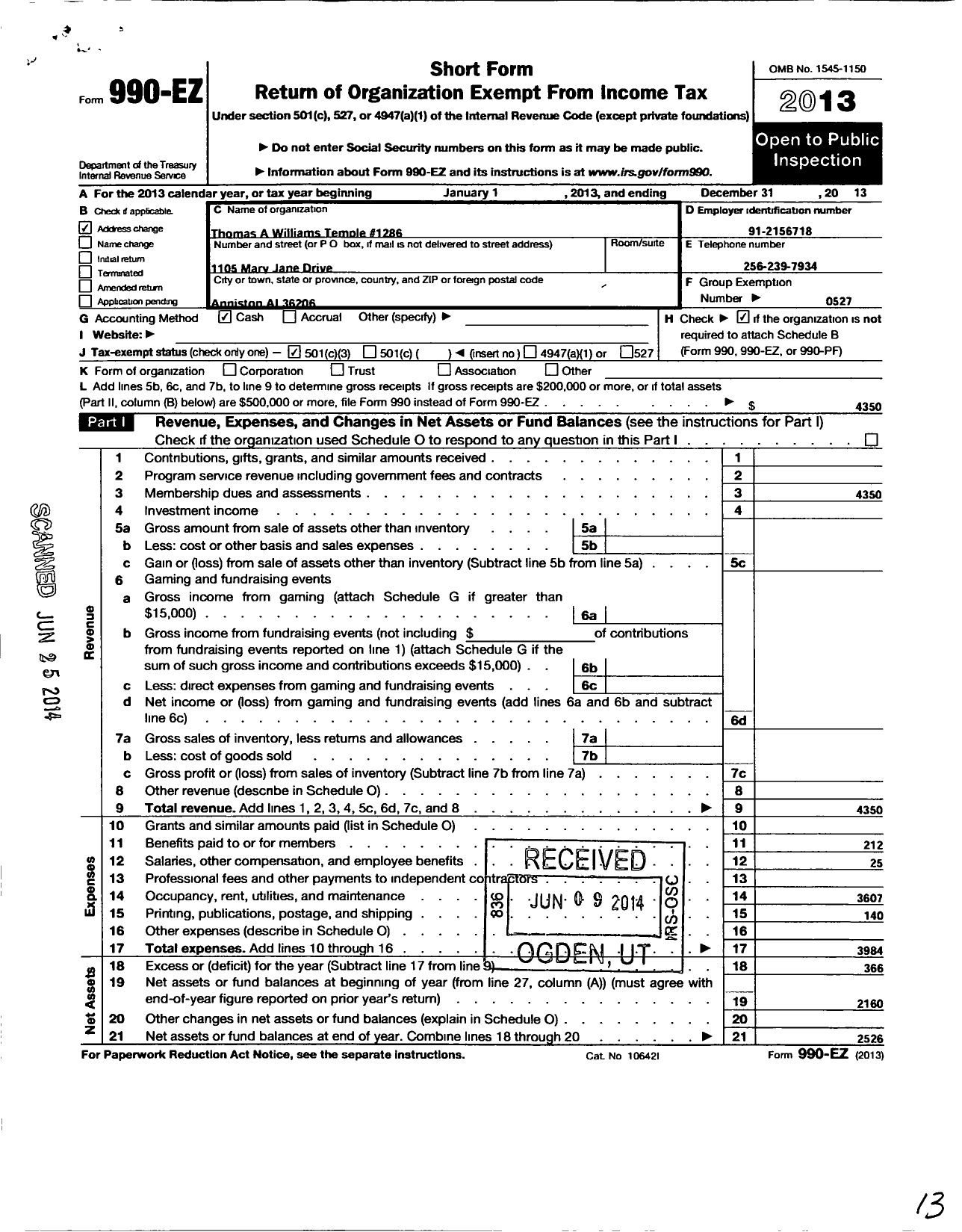 Image of first page of 2013 Form 990EZ for Improved Benevolent and Protective Order of Elks of the World - 1286 Tommie A Williams Temple