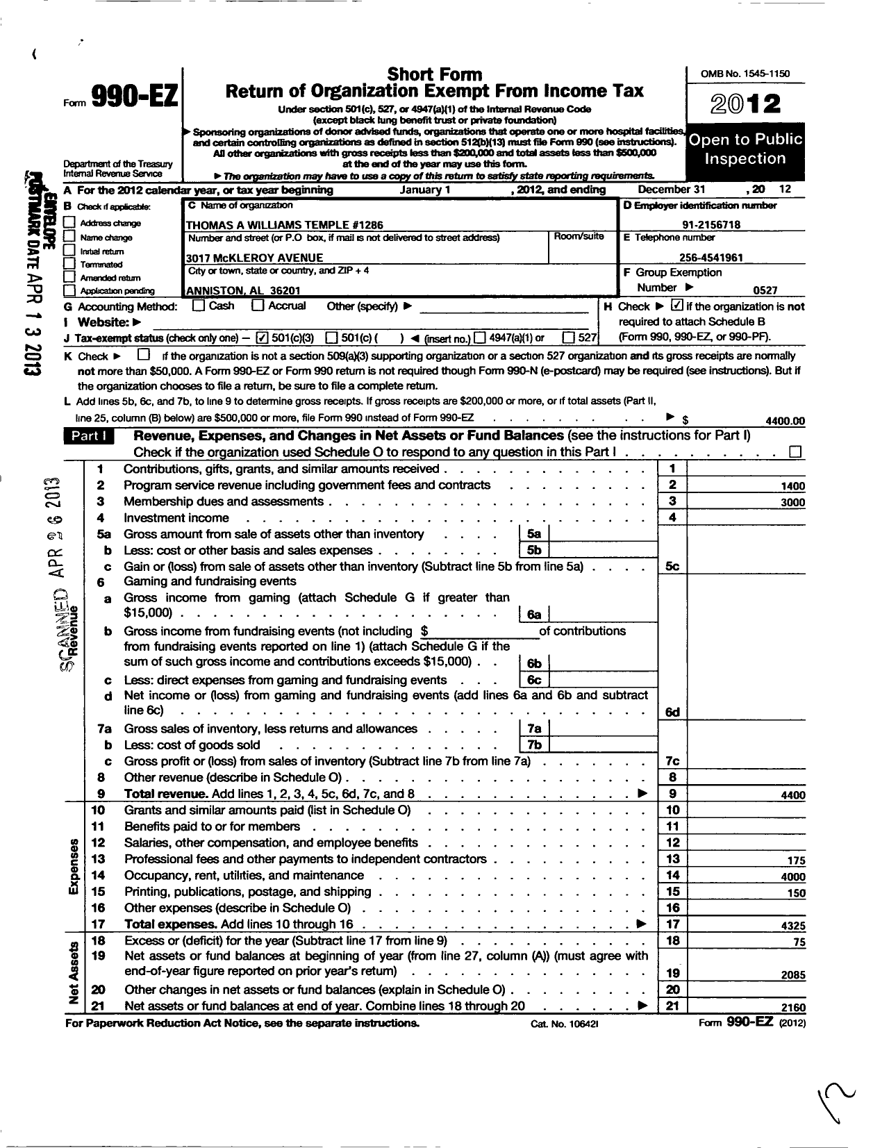 Image of first page of 2012 Form 990EZ for Improved Benevolent and Protective Order of Elks of the World - 1286 Tommie A Williams Temple