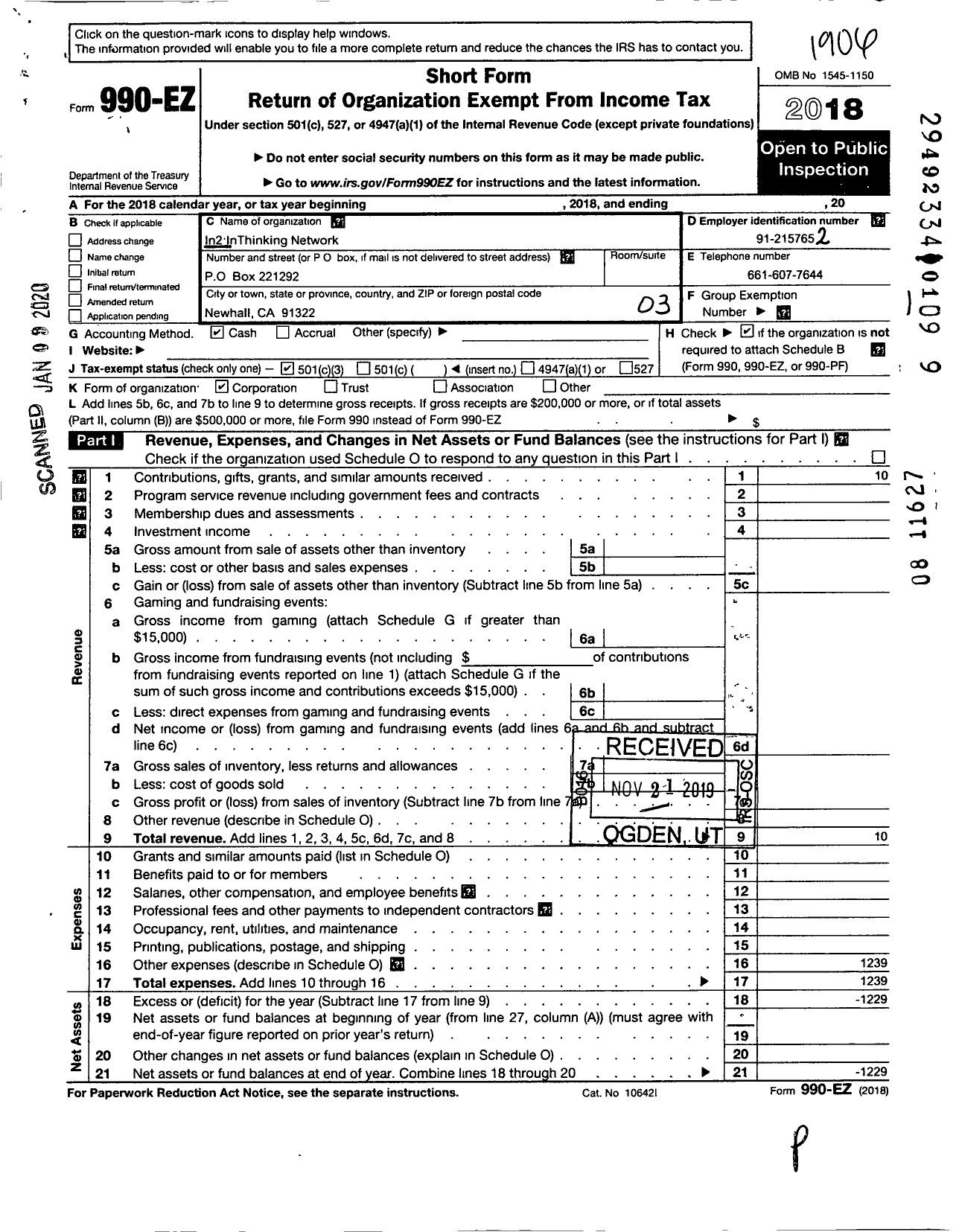 Image of first page of 2018 Form 990EZ for In2 Inthinking Network