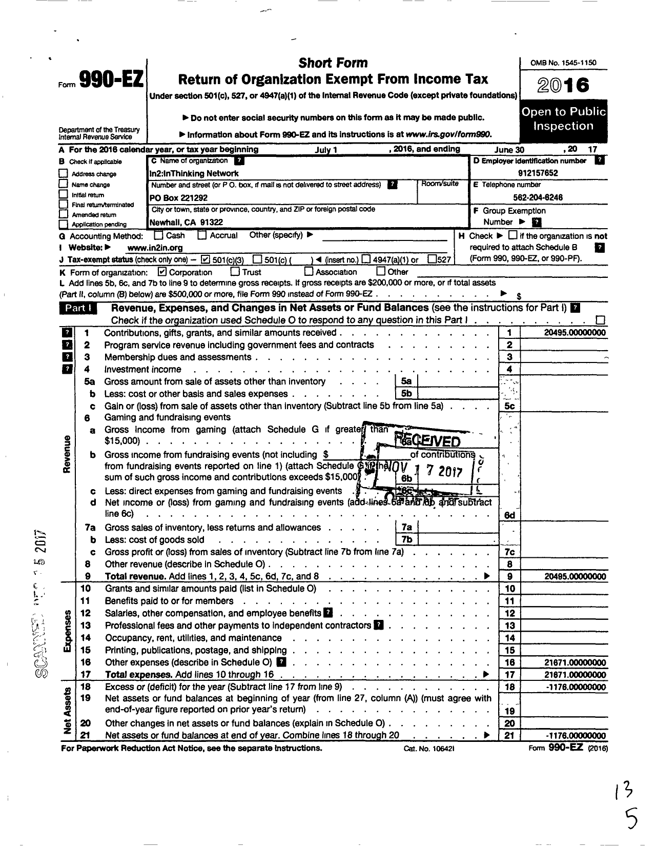 Image of first page of 2016 Form 990EZ for In2 Inthinking Network