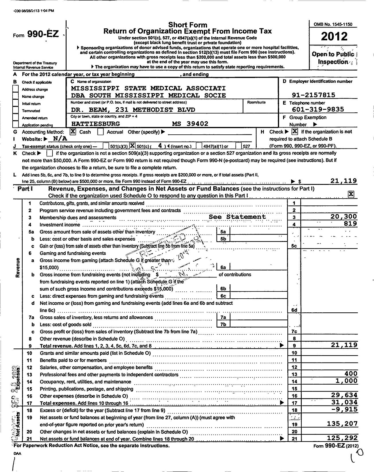 Image of first page of 2012 Form 990EO for Mississippi State Medical Association / South Mississippi Medical Socie