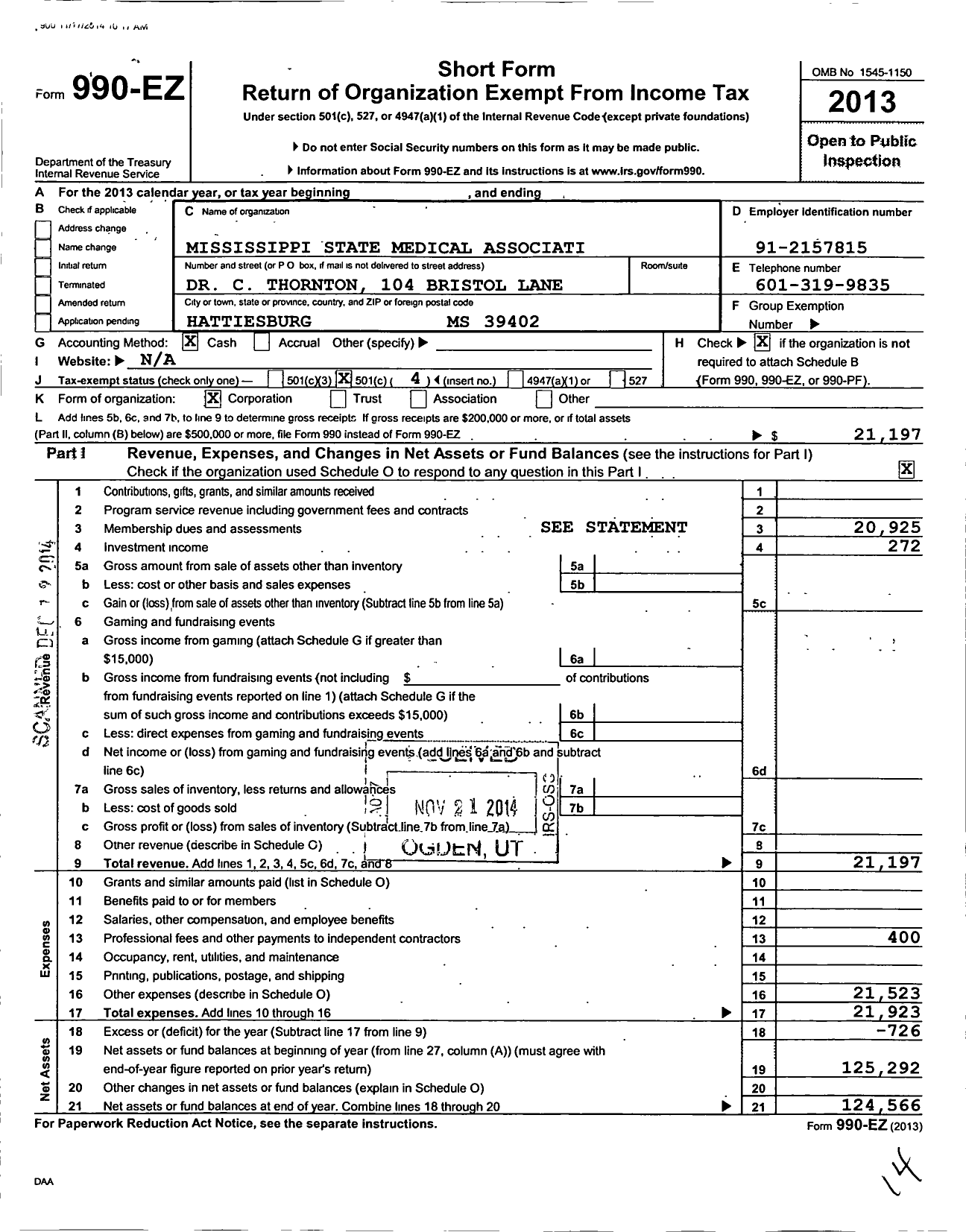 Image of first page of 2013 Form 990EO for Mississippi State Medical Association / South Mississippi Medical Socie