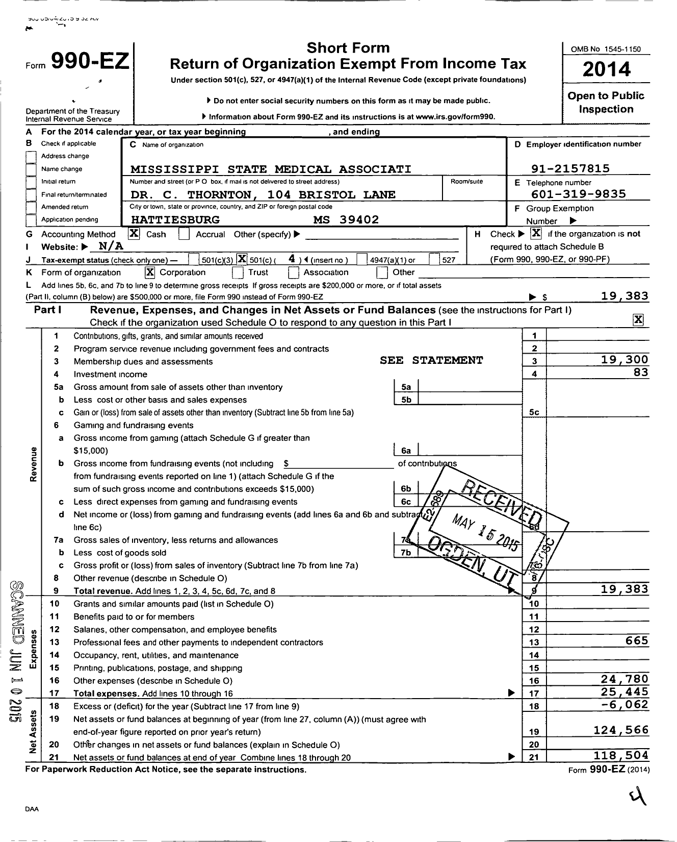 Image of first page of 2014 Form 990EO for Mississippi State Medical Association / South Mississippi Medical Socie