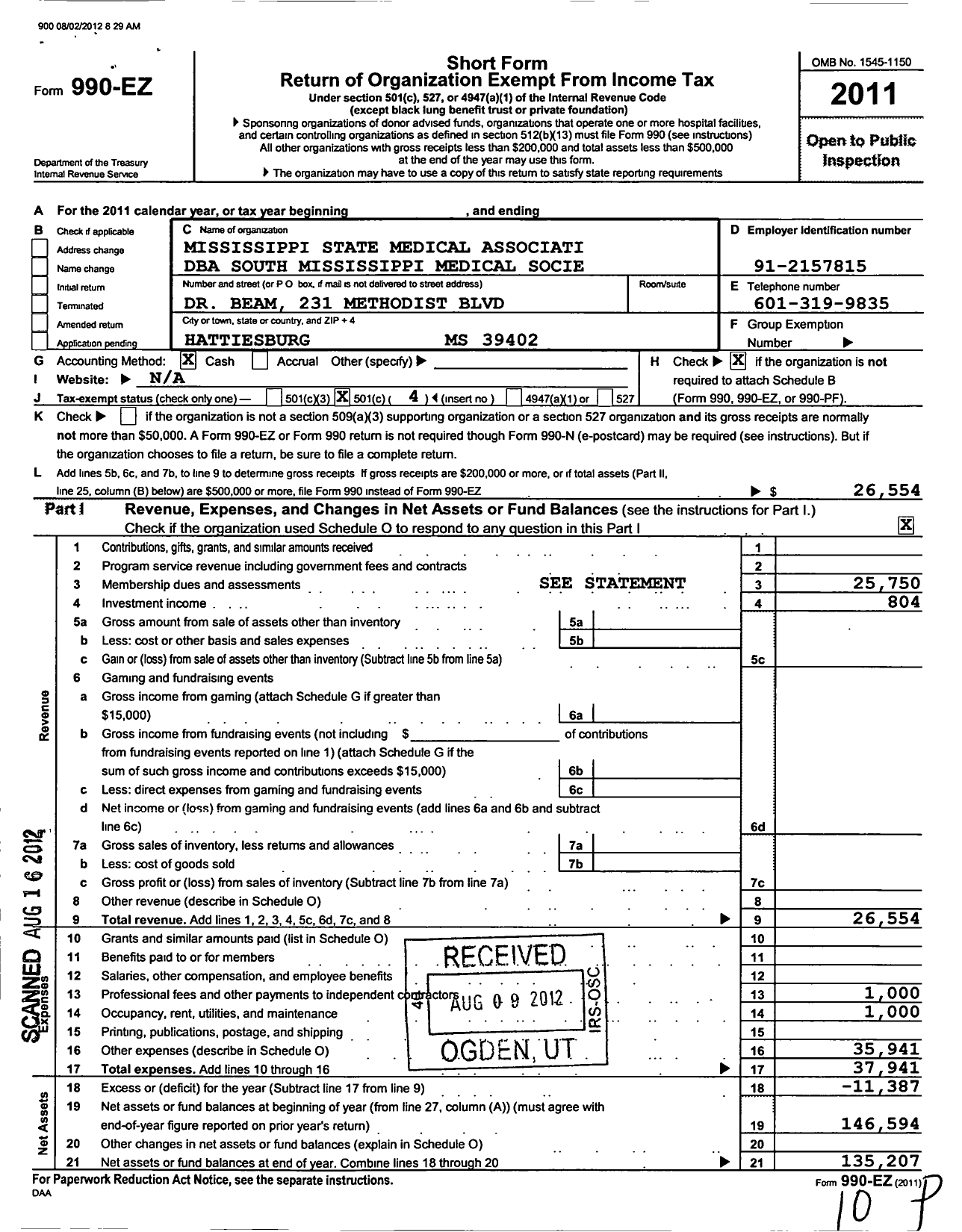 Image of first page of 2011 Form 990EO for Mississippi State Medical Association / South Mississippi Medical Socie