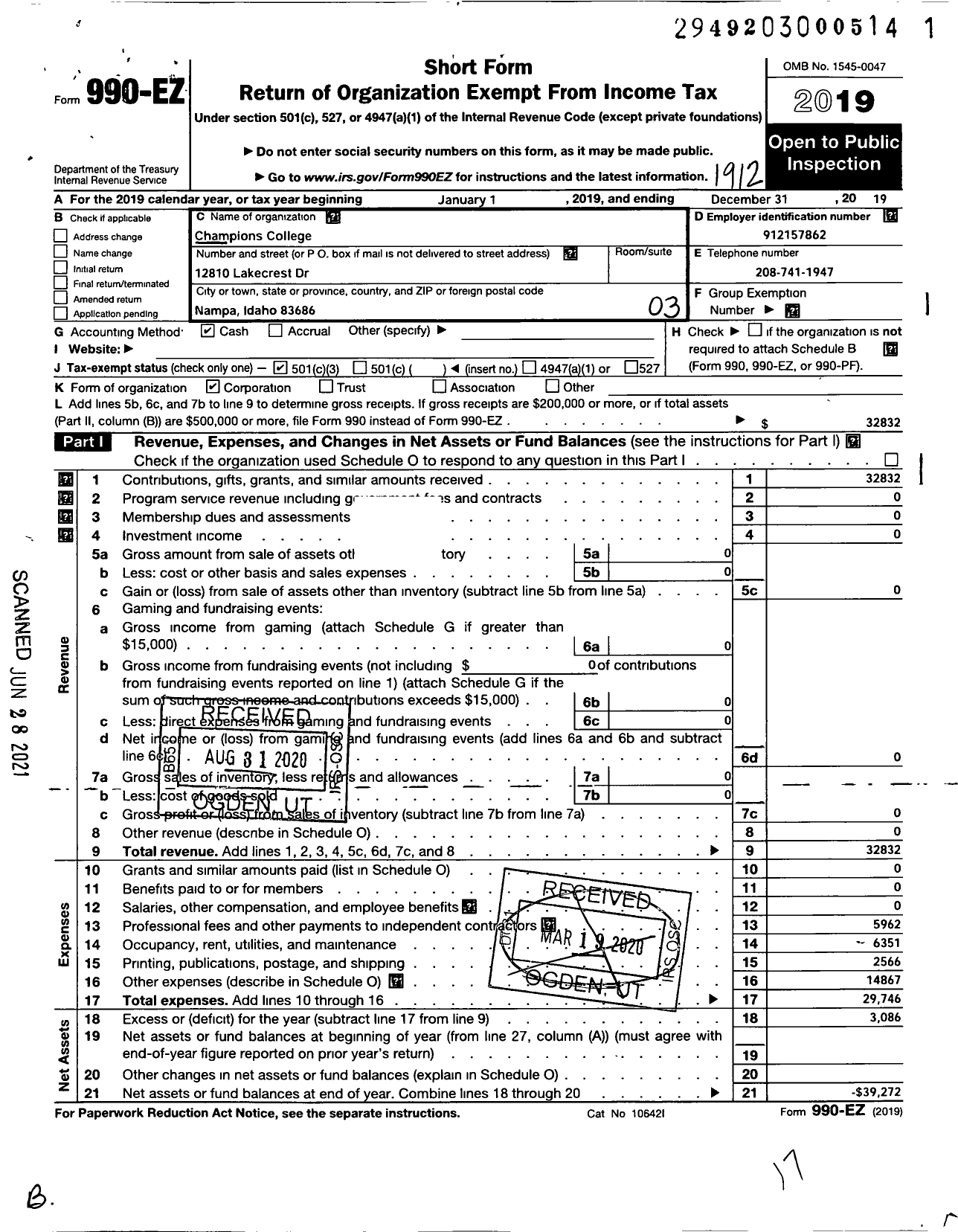 Image of first page of 2019 Form 990EZ for Champions College