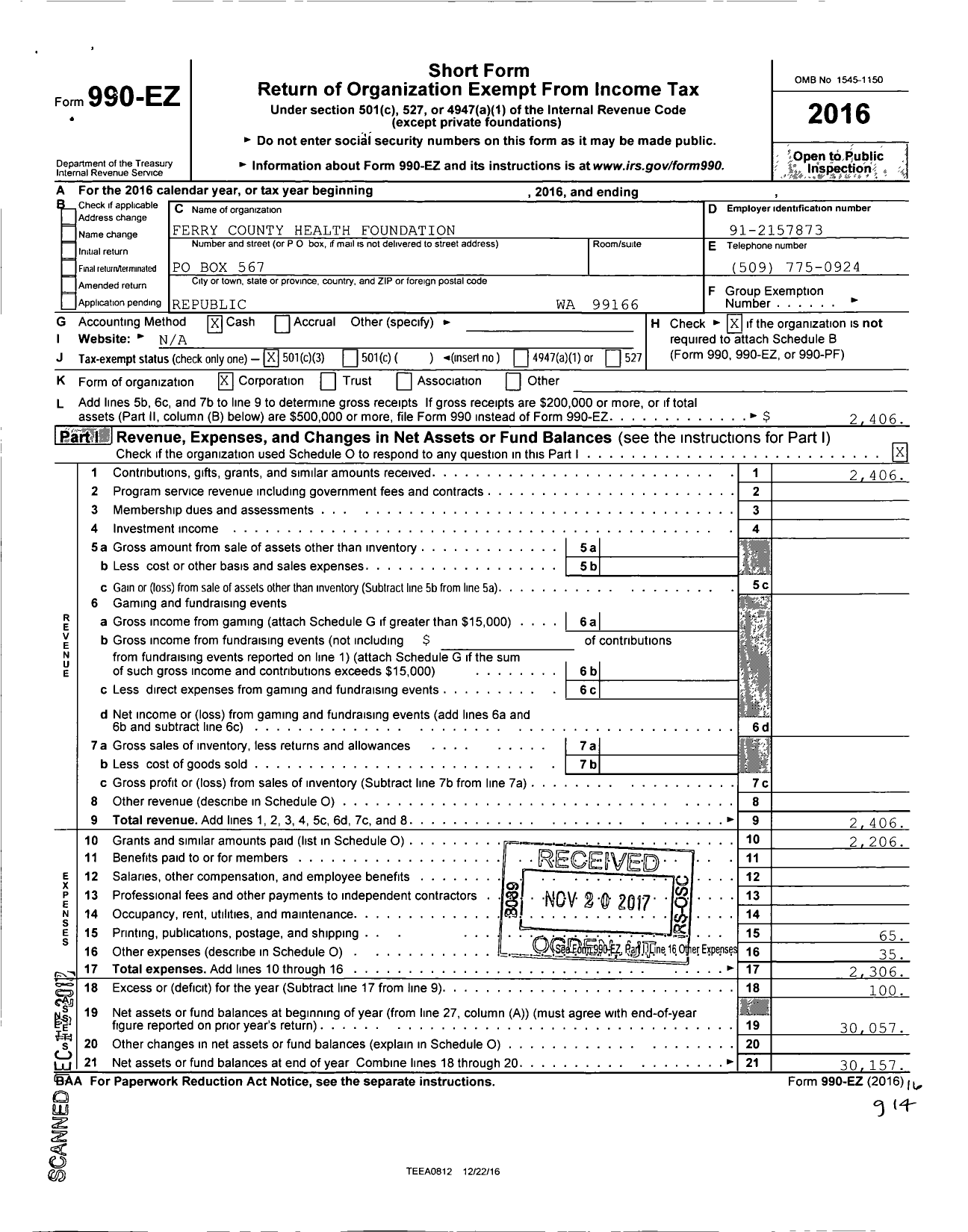 Image of first page of 2016 Form 990EZ for Ferry County Health Foundation