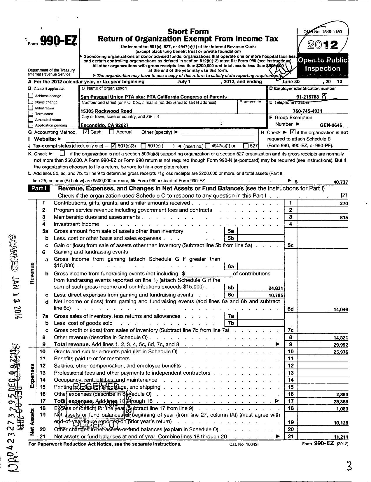 Image of first page of 2012 Form 990EZ for California State PTA - San Pasqual Union PTA