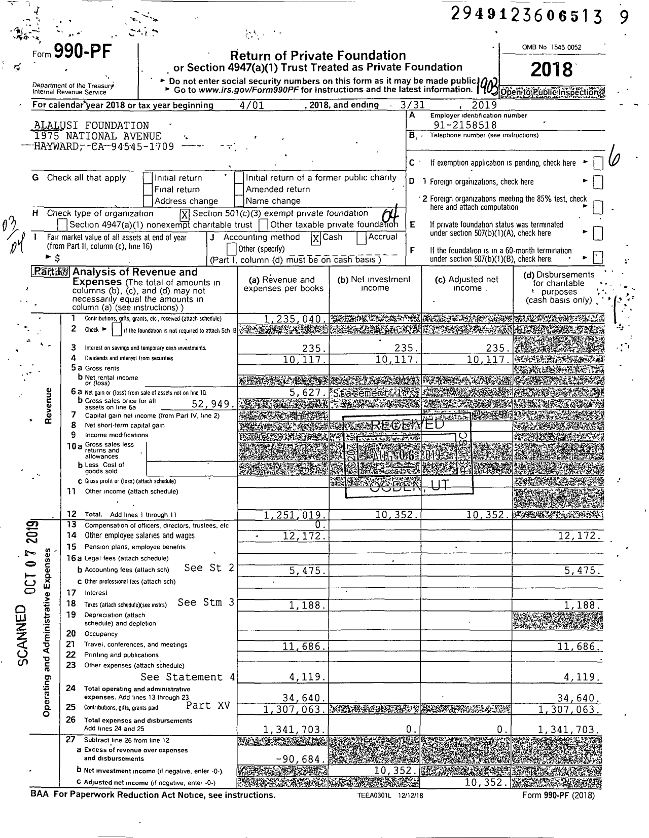 Image of first page of 2018 Form 990PF for Alalusi Foundation