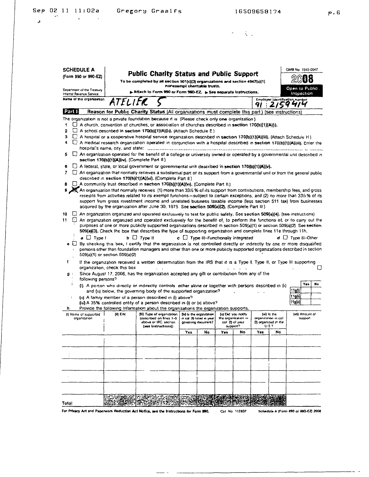 Image of first page of 2009 Form 990EOR for Atelier 5 A Modern Dance Company