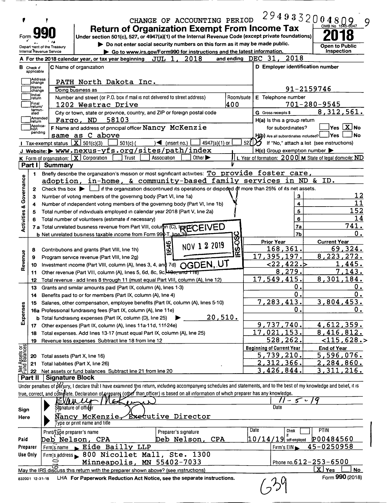 Image of first page of 2018 Form 990 for Nexus-PATH Family Healing