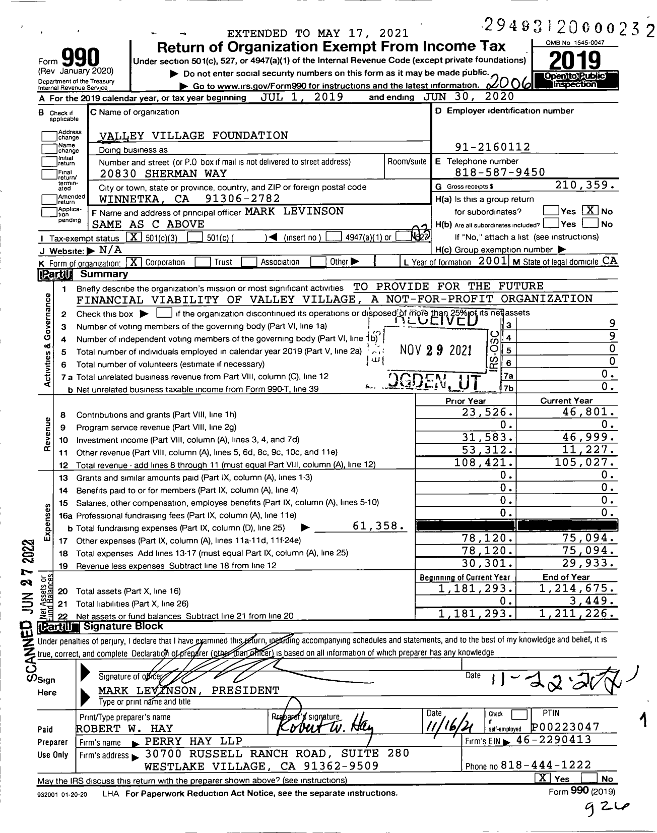 Image of first page of 2019 Form 990 for Valley Village Foundation