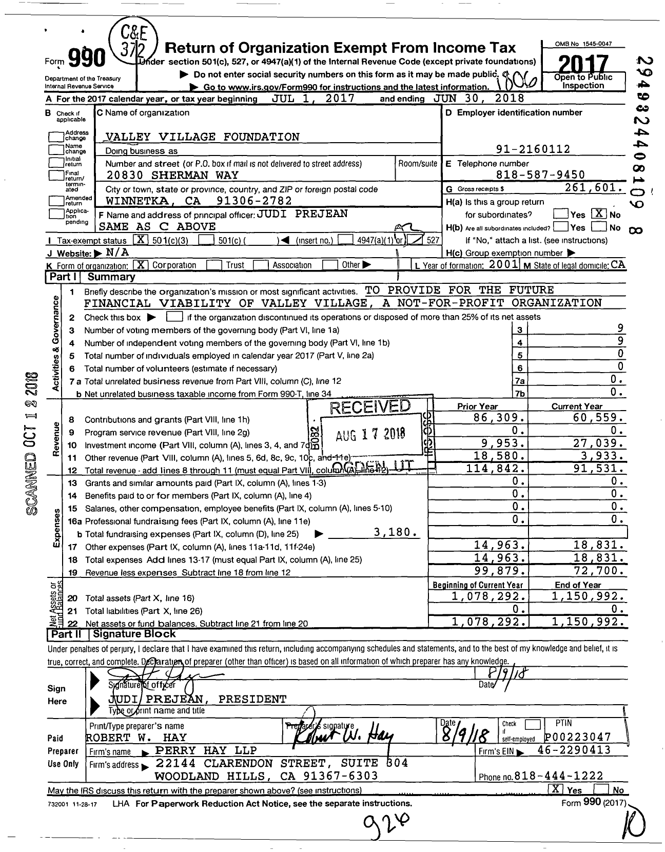 Image of first page of 2017 Form 990 for Valley Village Foundation