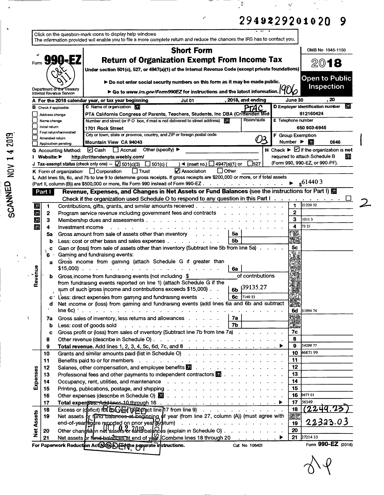 Image of first page of 2018 Form 990EZ for California State PTA - Crittenden Middle School PTA