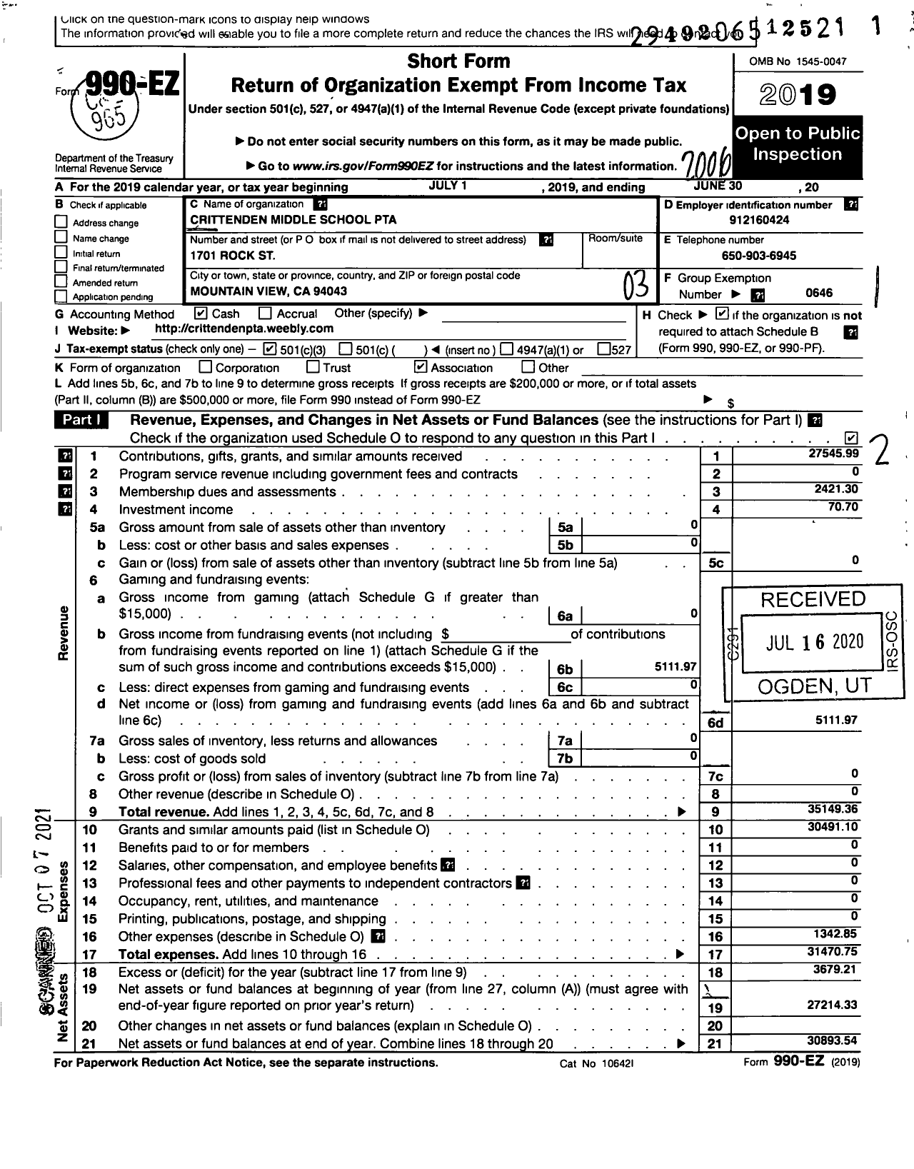 Image of first page of 2019 Form 990EZ for California State PTA - Crittenden Middle School PTA