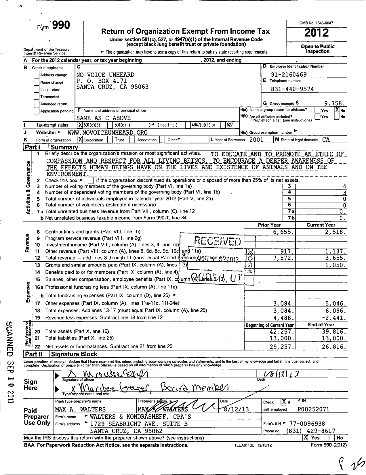 Image of first page of 2012 Form 990 for No Voice Unheard