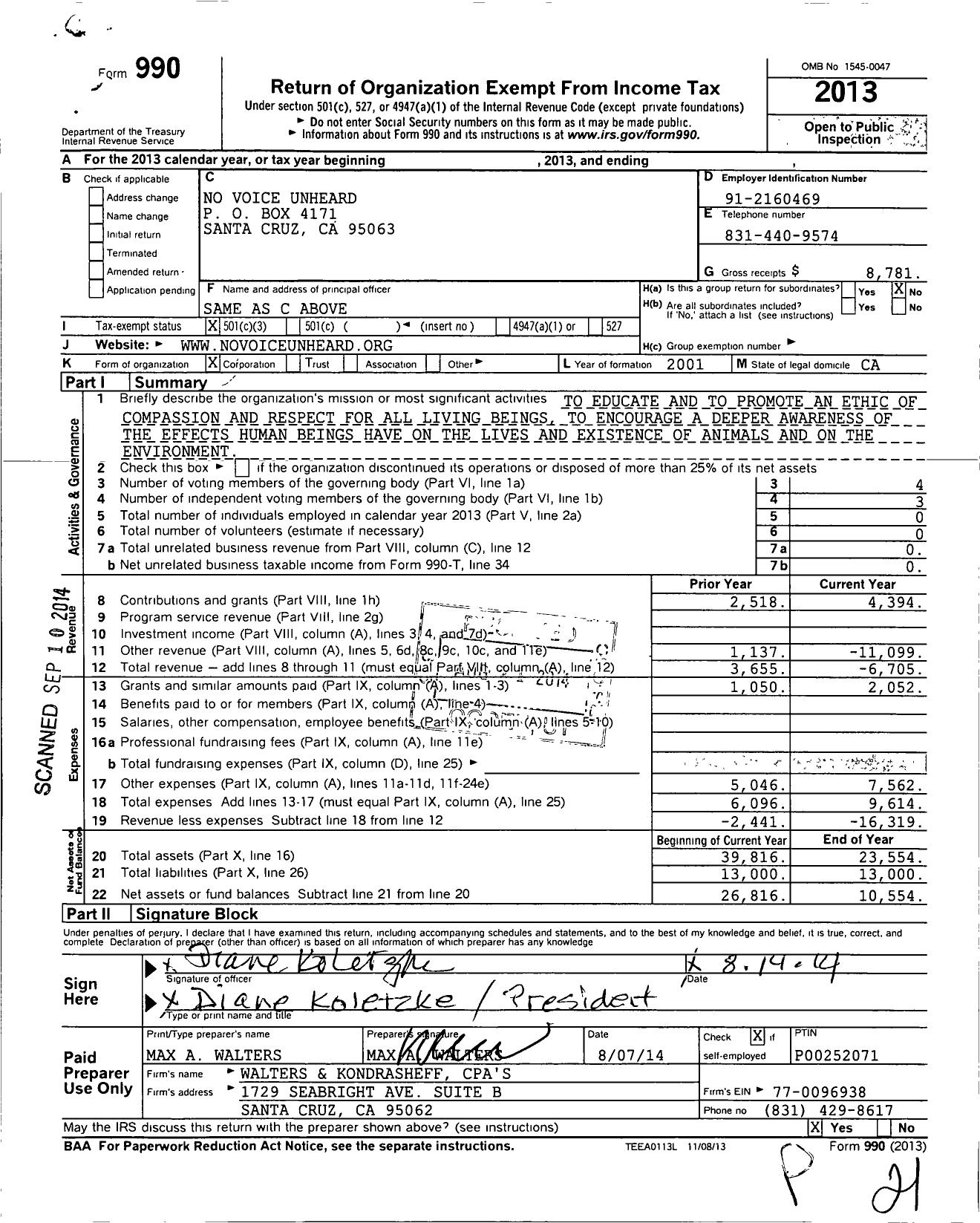 Image of first page of 2013 Form 990 for No Voice Unheard