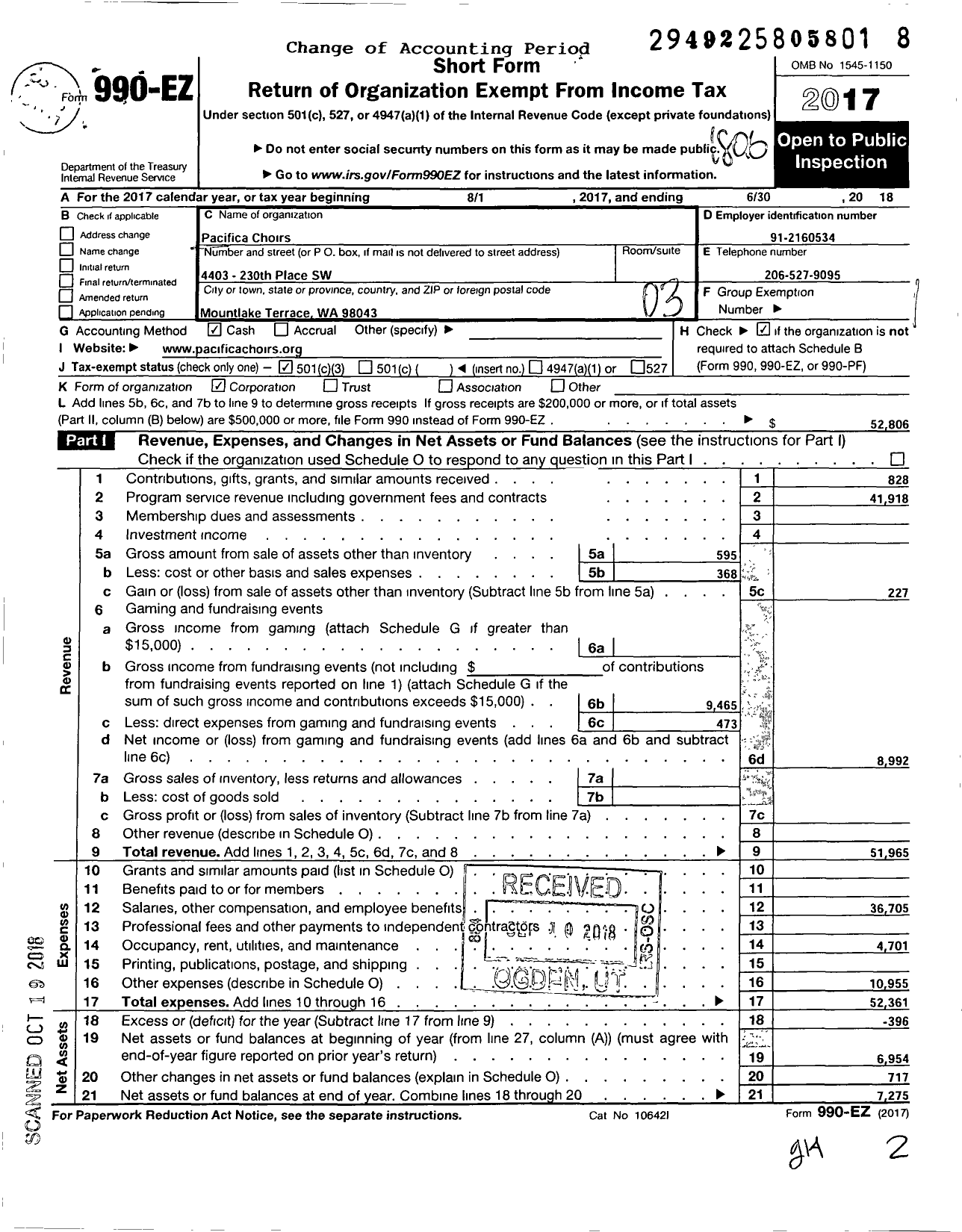 Image of first page of 2017 Form 990EZ for Pacifica Choirs