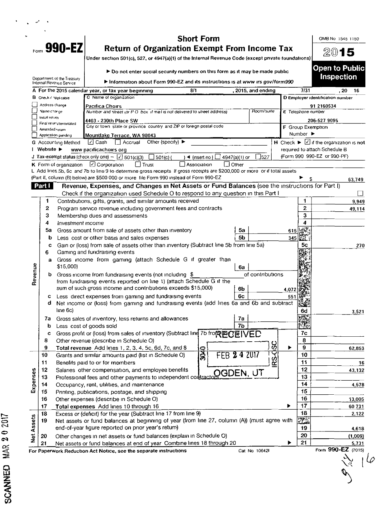 Image of first page of 2015 Form 990EZ for Pacifica Choirs