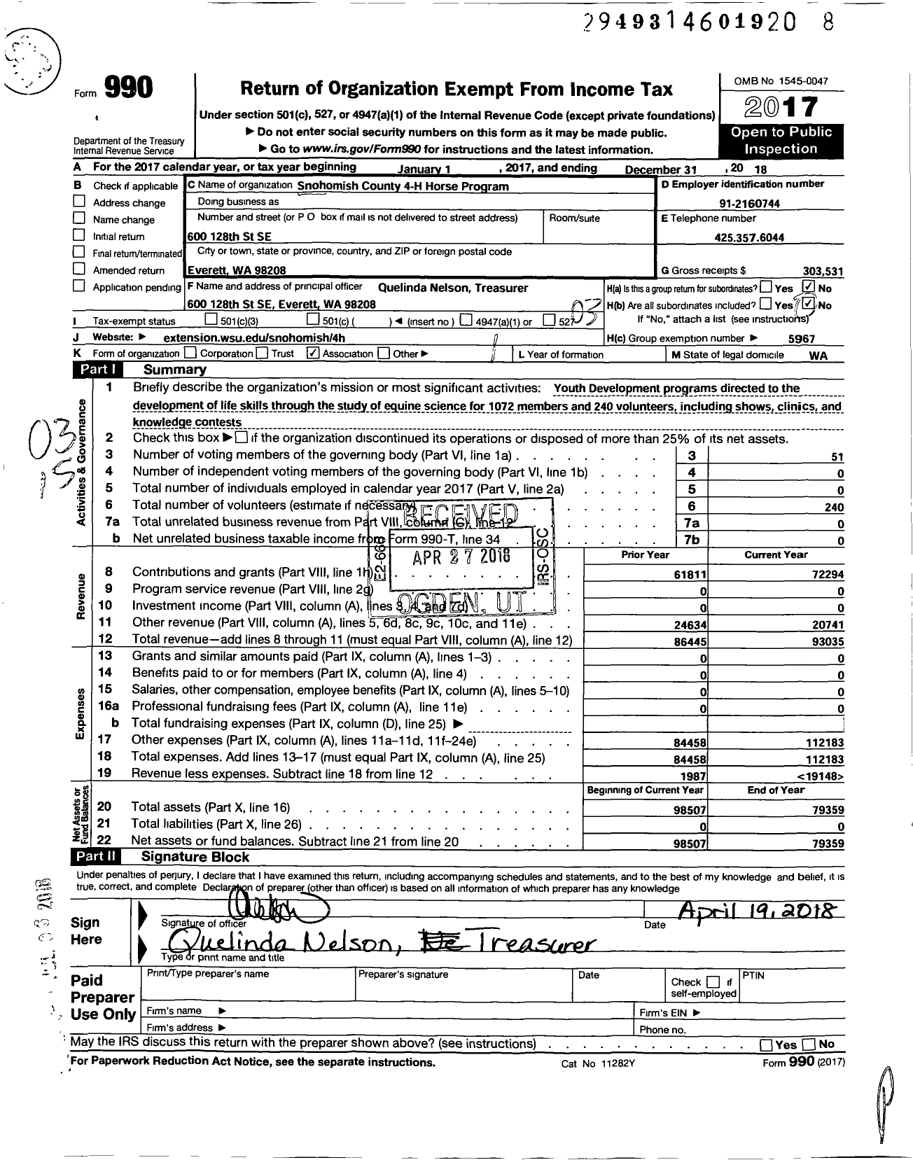 Image of first page of 2018 Form 990 for WASHINGTON STATE UNIVERSITY / Snohomish County 4-H Horse Program