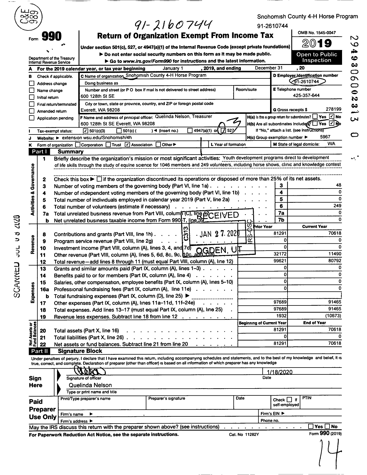 Image of first page of 2019 Form 990 for WASHINGTON STATE UNIVERSITY / Snohomish County 4-H Horse Program