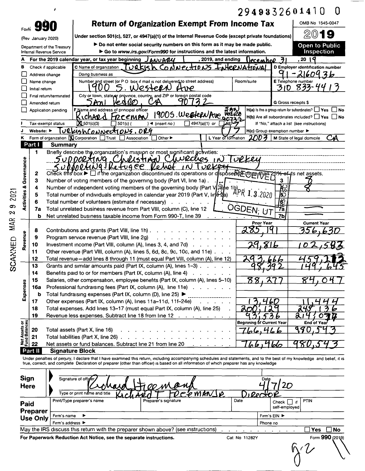 Image of first page of 2019 Form 990 for Turkish Connections International