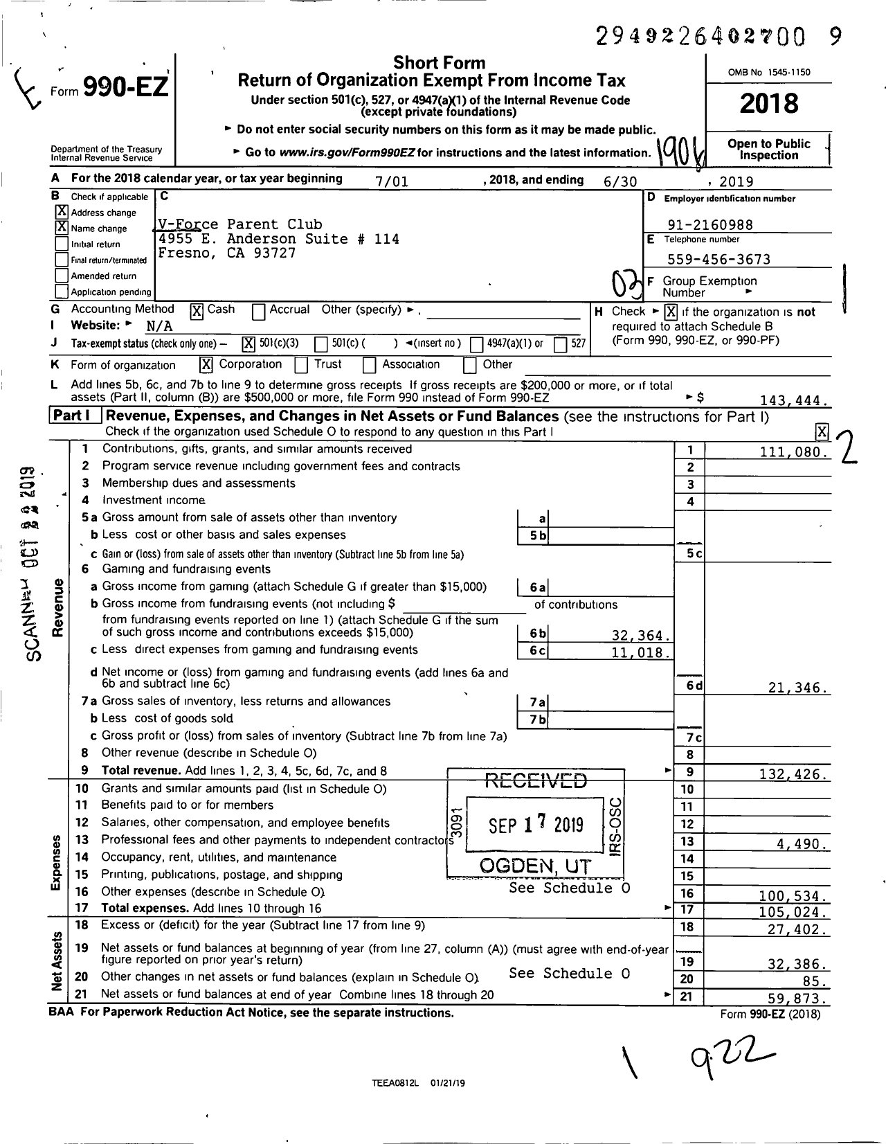 Image of first page of 2018 Form 990EZ for V Force Parent Club