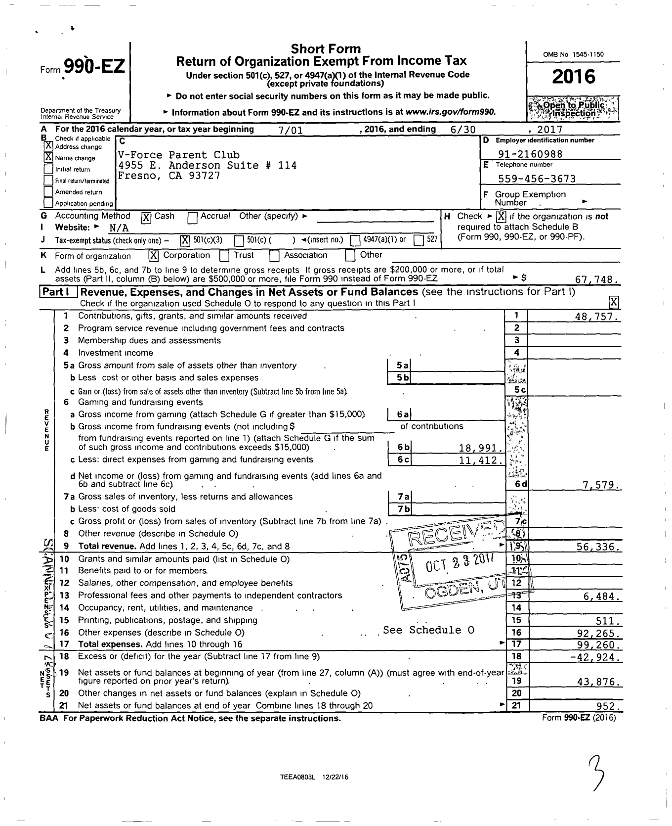 Image of first page of 2016 Form 990EZ for V Force Parent Club