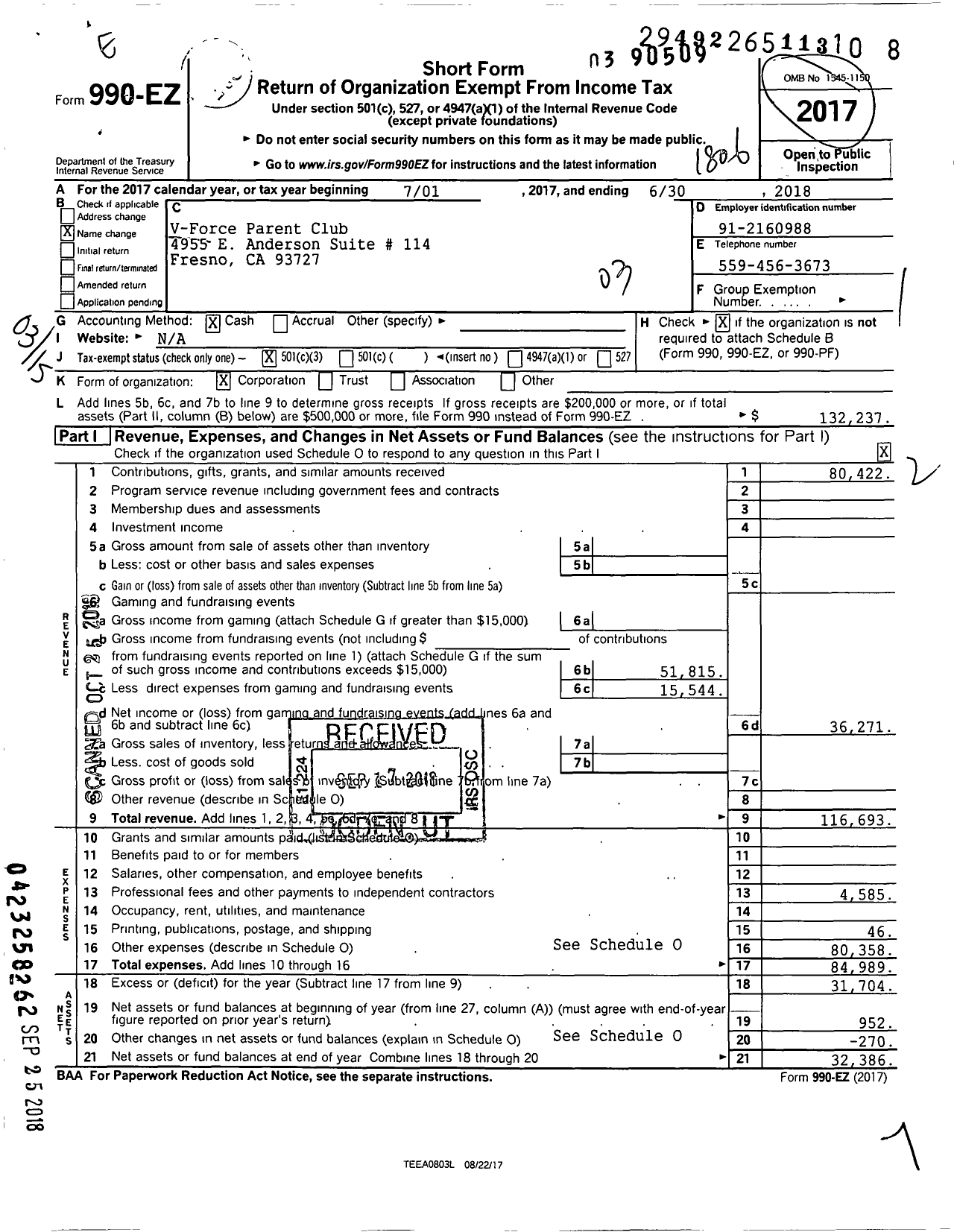 Image of first page of 2017 Form 990EZ for V Force Parent Club