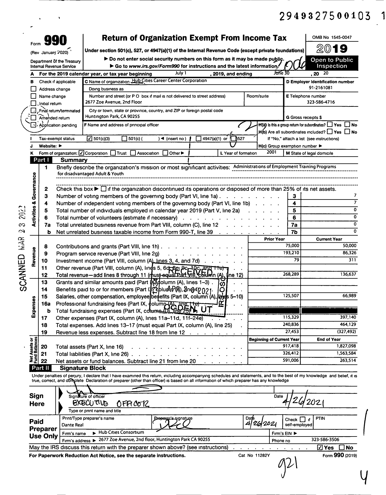 Image of first page of 2019 Form 990 for Hub Cities Career Center Corporation