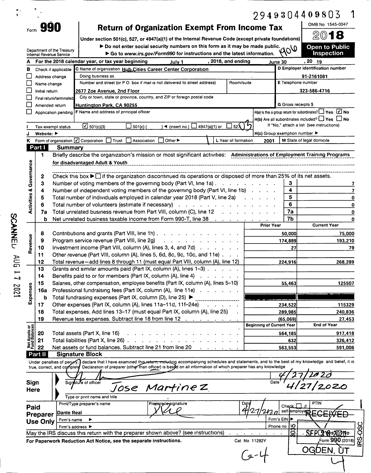 Image of first page of 2018 Form 990 for Hub Cities Career Center Corporation