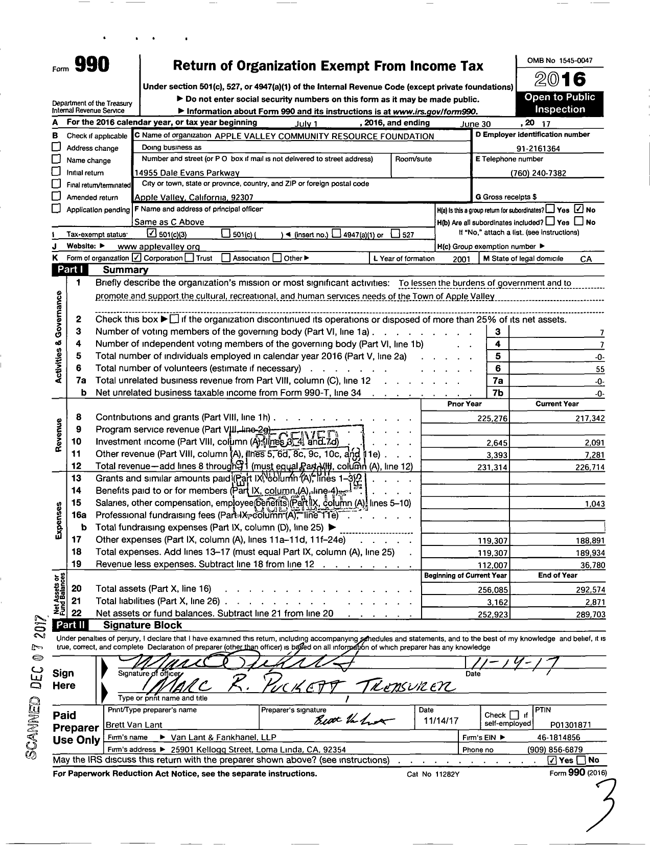 Image of first page of 2016 Form 990 for Apple Valley Community Resource Foundation